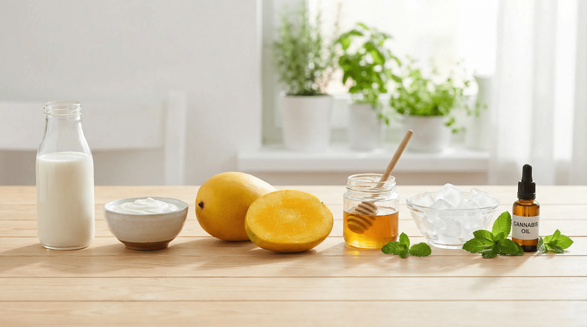 Alle Zutaten für den THC Mango Smoothie stehen auf einem Tisch bereit