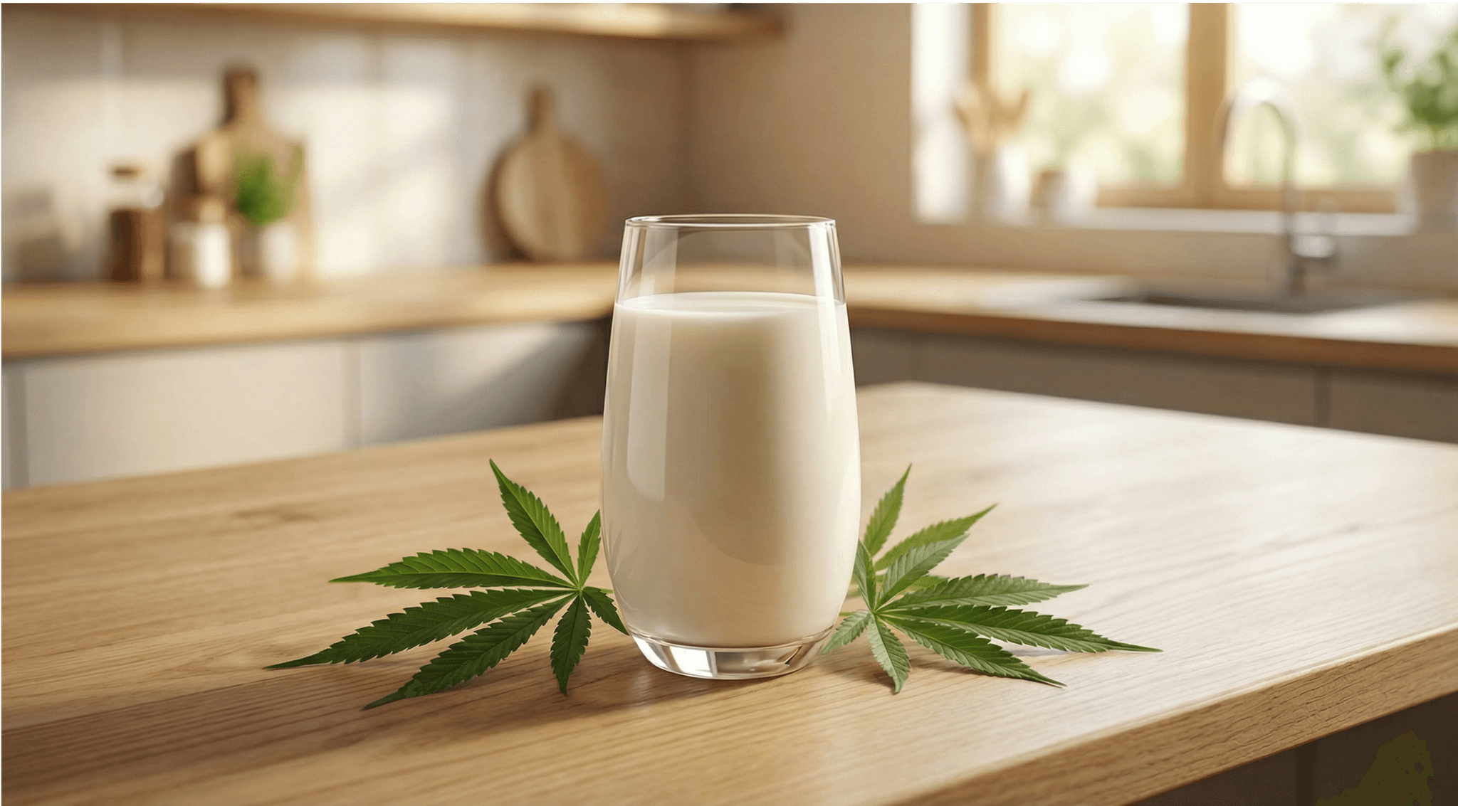 Cannabis Milch auf dem Küchentresen mit Cannabis Blättern