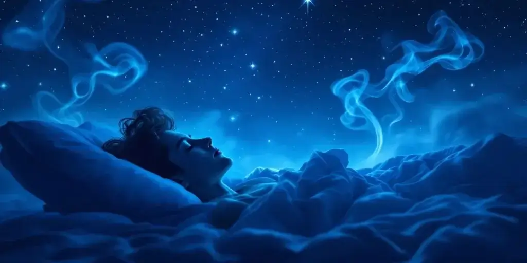 Person schläft im Bett vor blauem Sternenhimmel, rauchartige Nebel