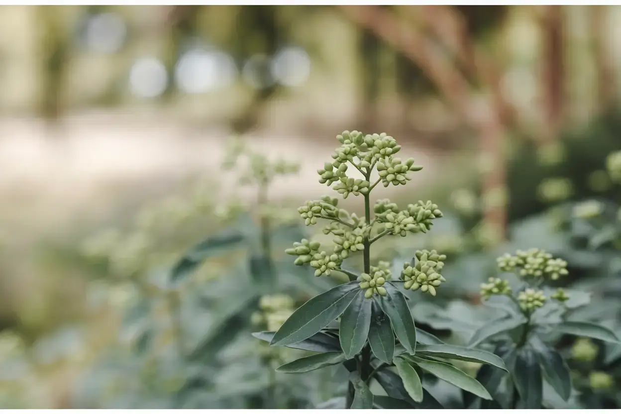 Nahaufnahme einer grünen Pflanze mit zahlreichen kleinen, geschlossenen Knospen
