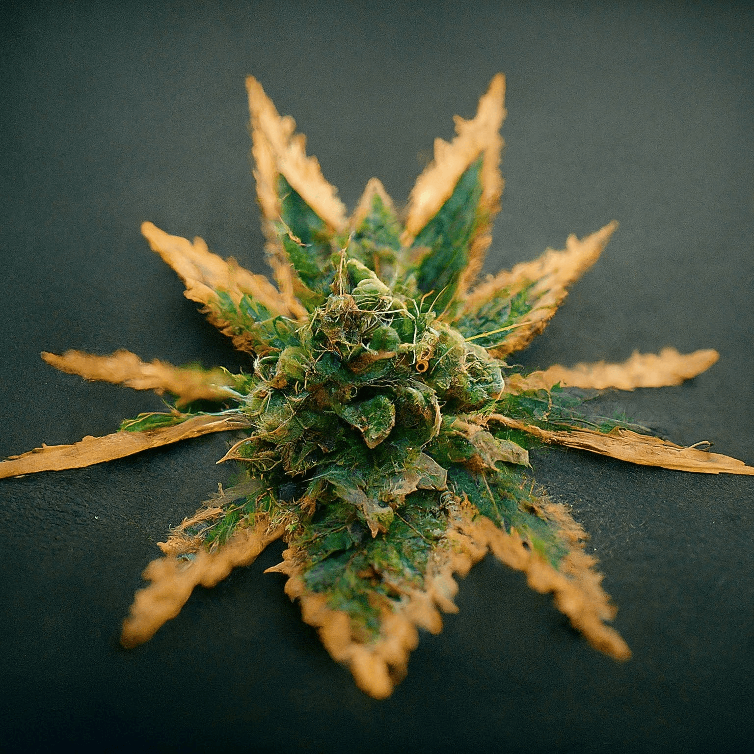 Cannabisblüte auf dunklem Grund, grün mit braun vergilbten Fächerblättern