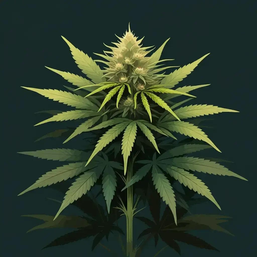 Cannabispflanze mit zentraler Blüte und fächerförmigen Blättern vor dunklem Hintergrund