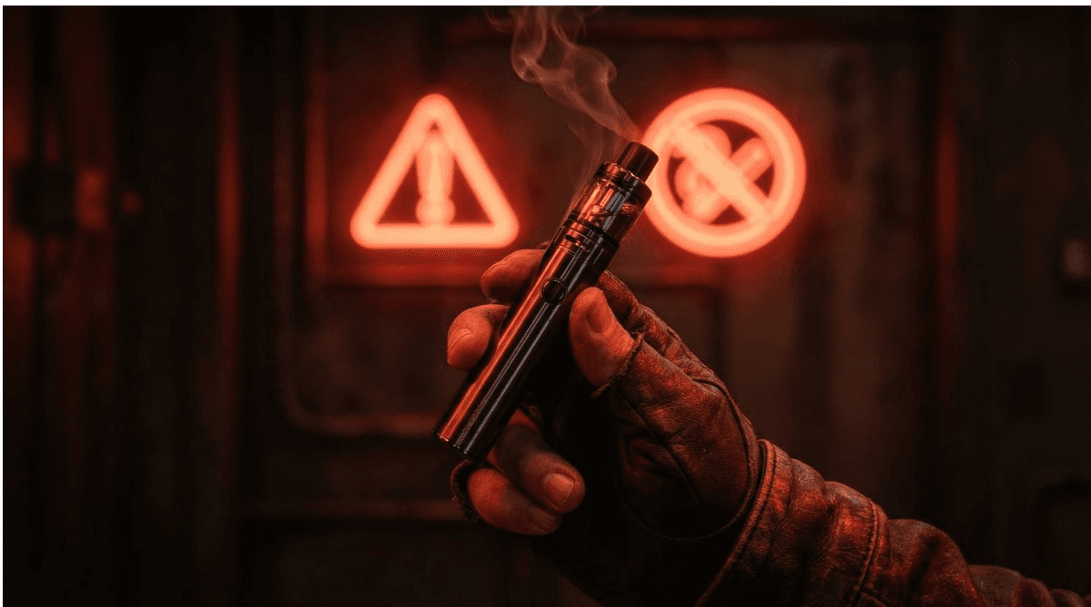 Hand hält einen rauchenden Vape Pen vor leuchtend roten Warnsymbolen – Warndreieck und Verbotszeichen – symbolisch für die gesundheitlichen Risiken und das Verbot von HHC-Liquids in Deutschland.