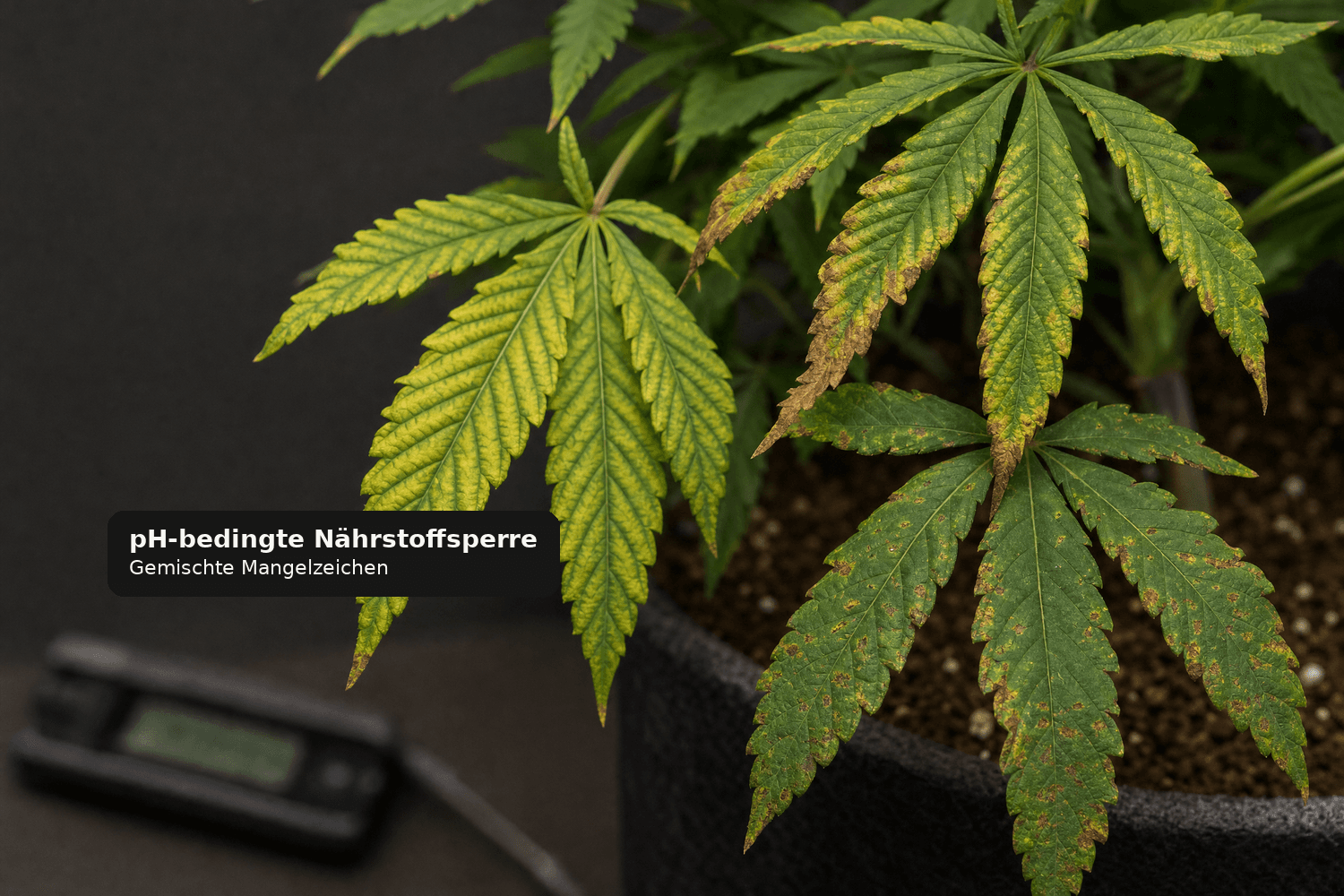 Cannabisblätter mit gelben Bereichen zwischen den Blattadern, braunen Rändern und Flecken als gemischte Mangelzeichen bei pH-bedingter Nährstoffsperre.