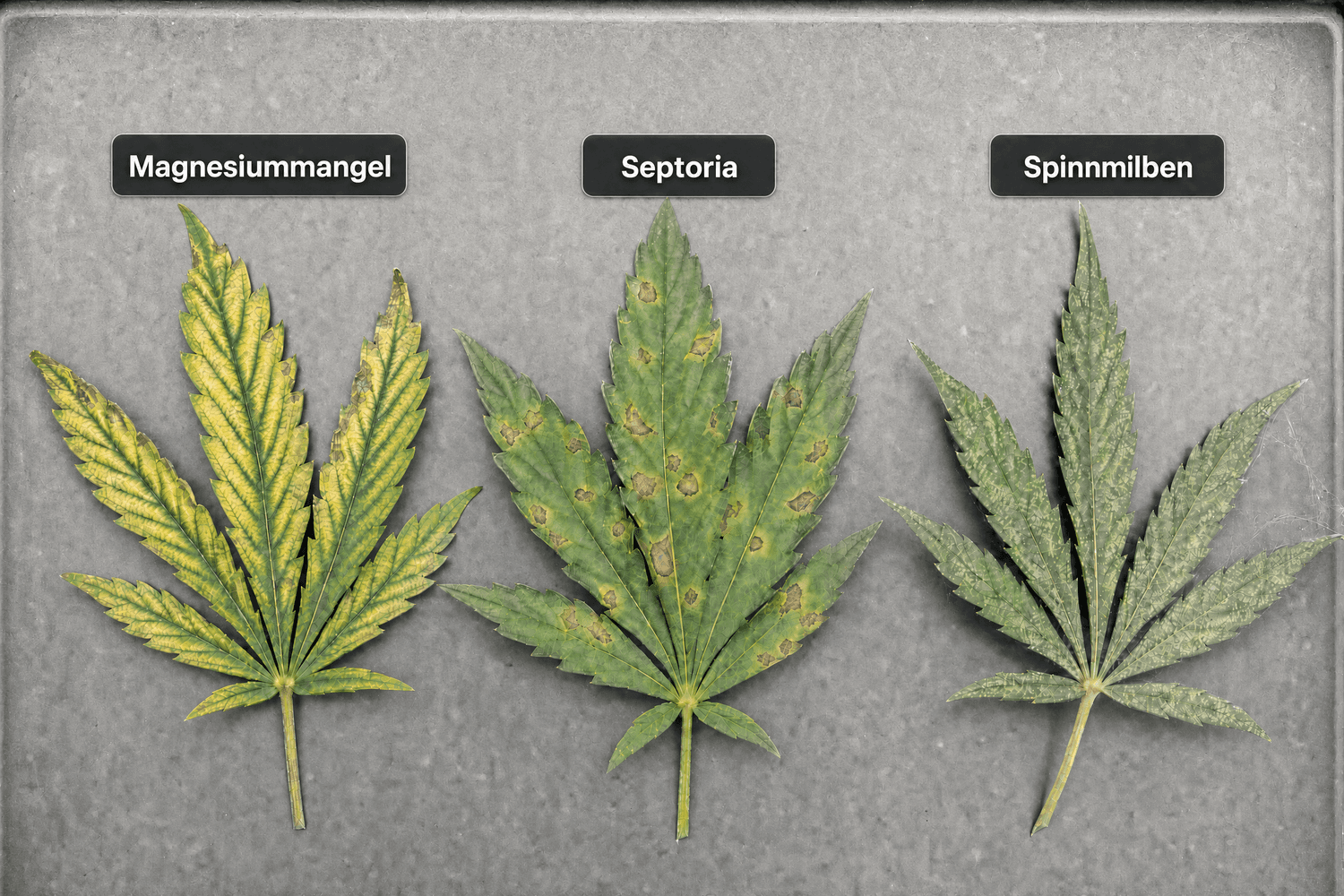 Drei Cannabis-Fächerblätter auf hellem grauem Hintergrund: links grüne Adern mit gelbem Gewebe, mittig braune Flecken mit gelbem Hof und rechts helle Saugpunkte mit feinen Gespinsten.