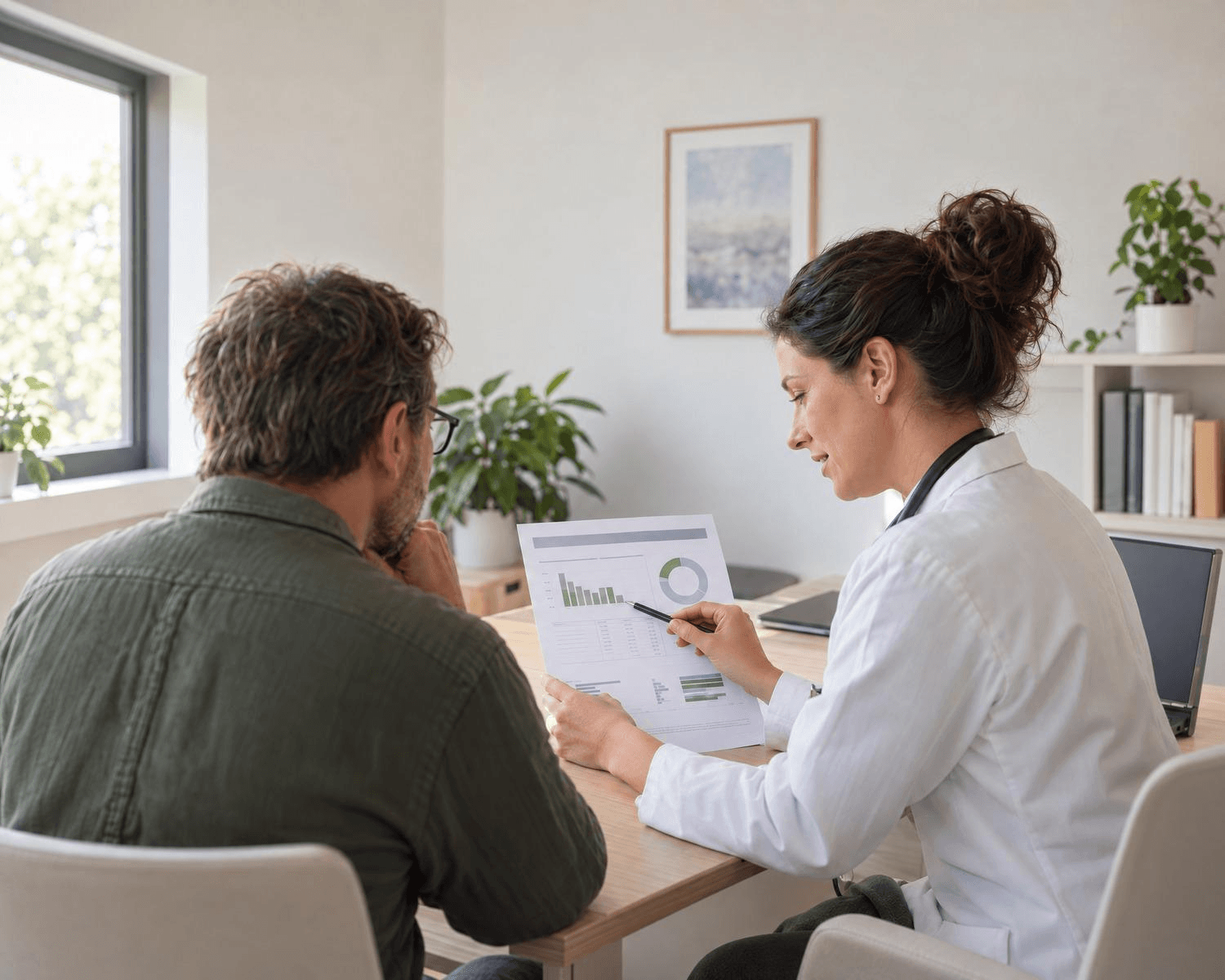 Ärztin erklärt einem Patienten ein gedrucktes Analysezertifikat mit Diagrammen.
