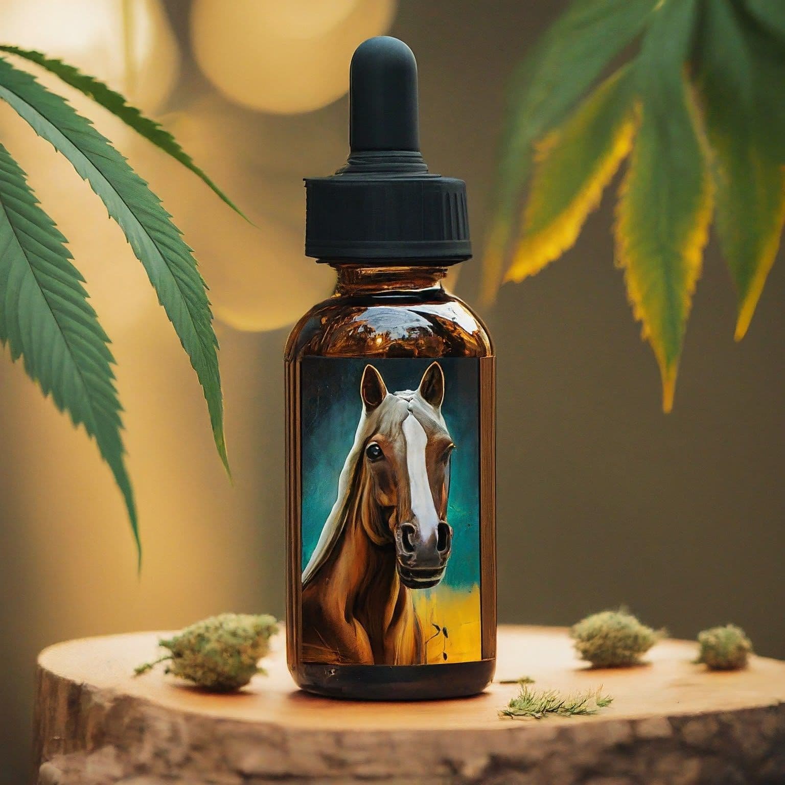 Braune Tropfflasche mit Pferdebild und Cannabisblättern im Hintergrund