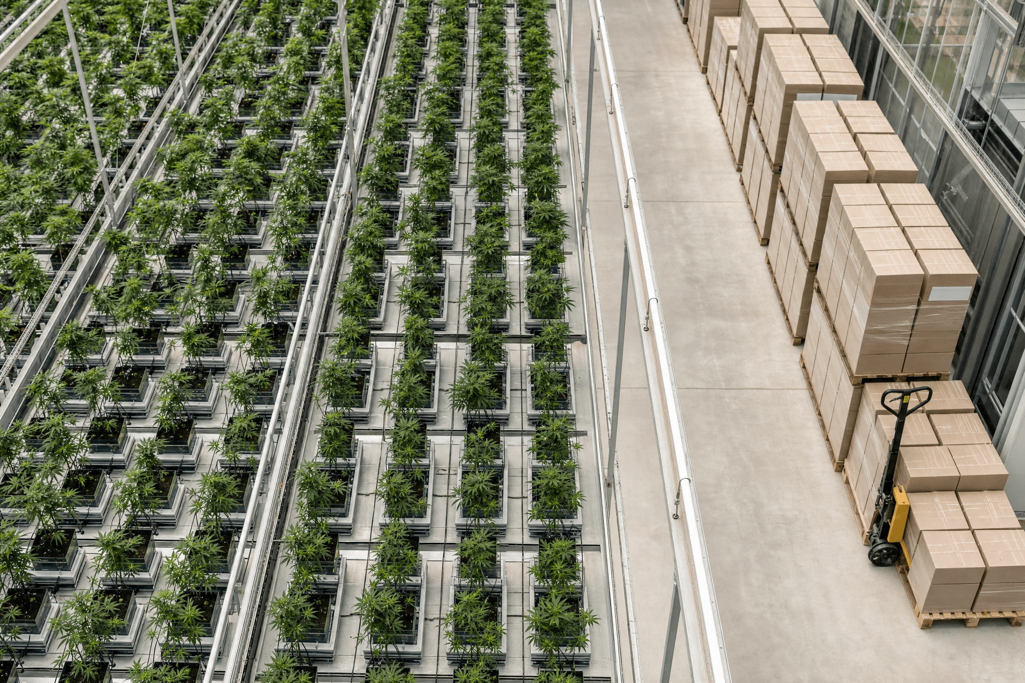 Vogelperspektive auf Reihen von Cannabispflanzen in einer professionellen Anbauanlage neben einer neutralen Logistikzone mit Transportkartons.
