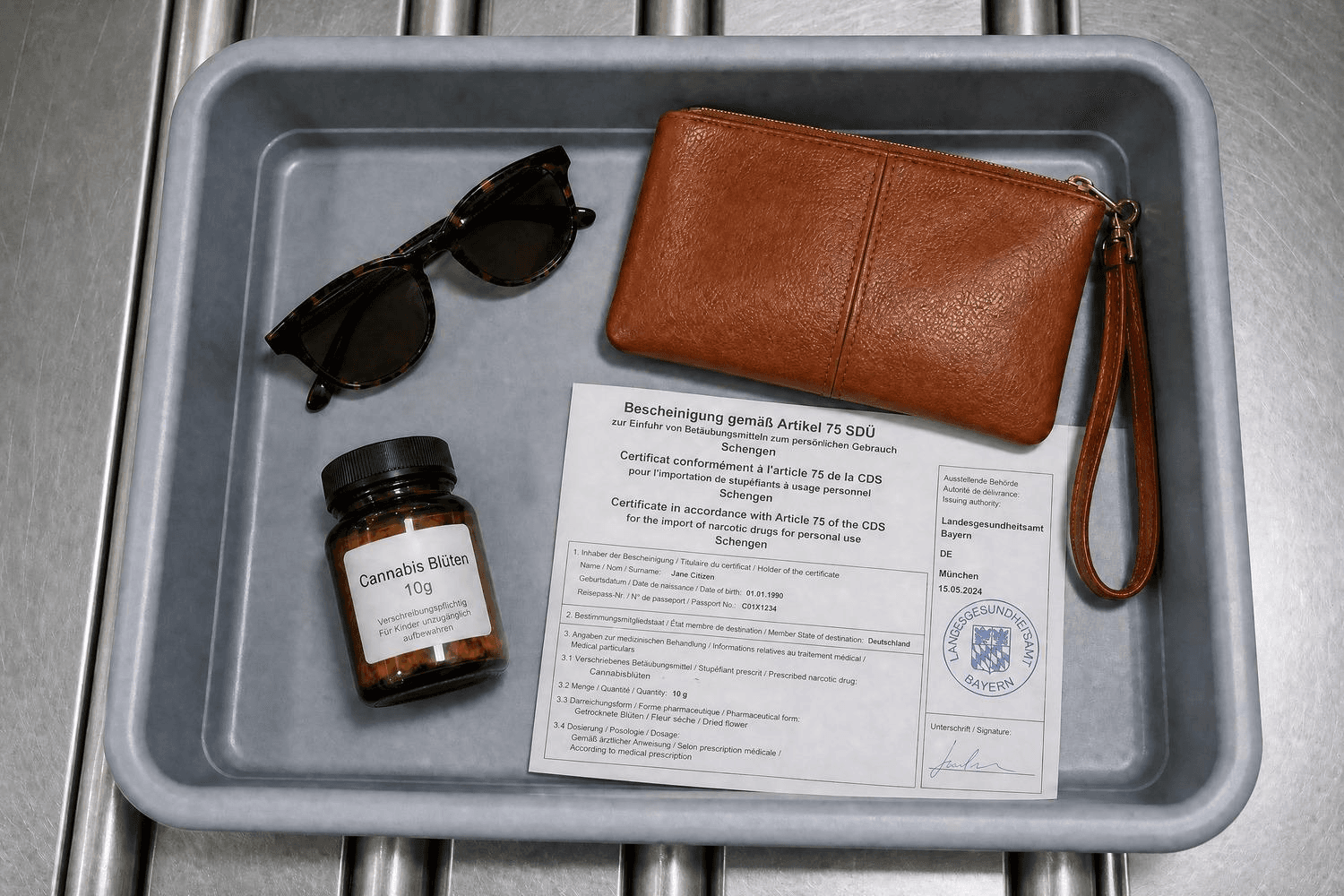 Draufsicht auf ein Tablett mit einer Apothekendose mit der Aufschrift „Cannabis Blüten 10g", einer mehrsprachigen Schengen-Bescheinigung gemäß Artikel 75 SDÜ mit deutschem Behördenstempel, einer cognacfarbenen Leder-Clutch und einer Sonnenbrille – Gegenstände, die typisch für Reisen mit medizinischem Cannabis sind.