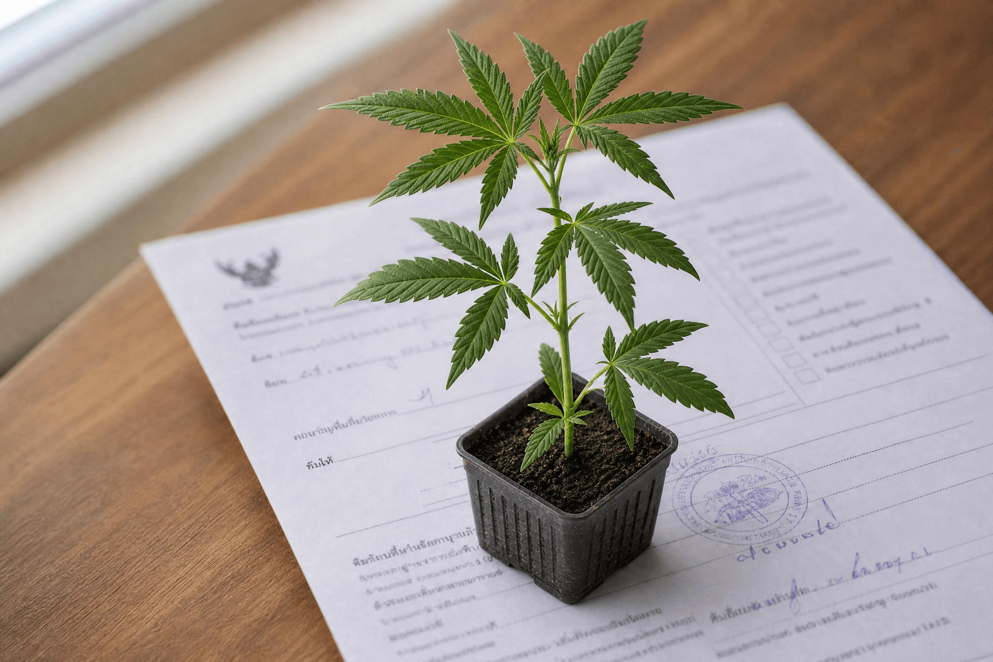 Eine kleine Cannabispflanze in einem schwarzen Kunststofftopf steht auf einem offiziellen thailändischen Behördendokument mit Stempel und handschriftlicher Unterschrift – symbolisiert das Spannungsfeld zwischen dem natürlichen Wachstum der Pflanze und dem regulatorischen Rahmen, der in Thailand zunächst fehlte und seit 2025 schrittweise nachgezogen wird.