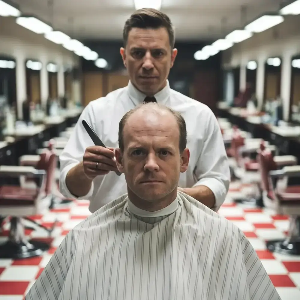 Barbier mit Rasiermesser hinter sitzendem Kunden im klassischen Salon