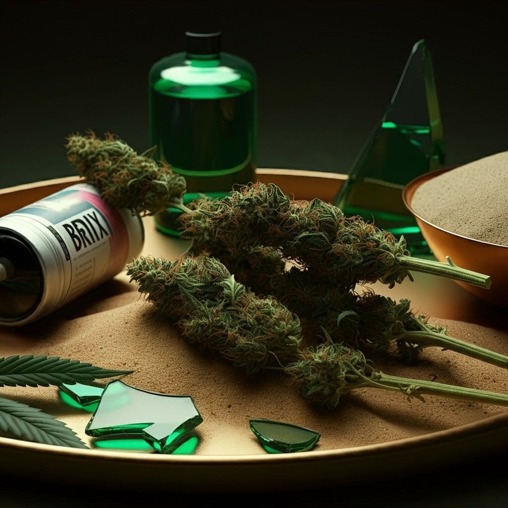 Cannabisblütenstängel auf goldfarbenem Tablett mit grünen Flaschen und Glassplittern