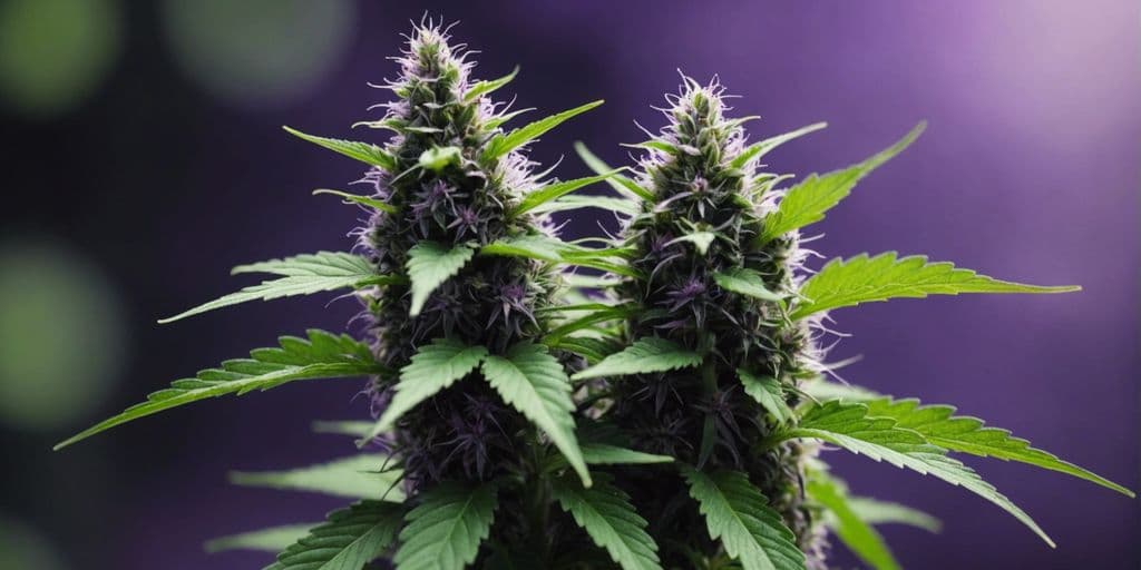 Zwei harzige Cannabisblüten mit gezackten Blättern, violetter Hintergrund