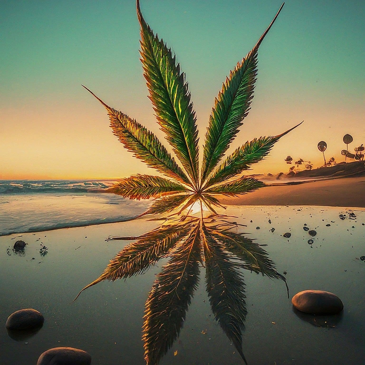 Cannabisblatt reflektiert im flachen Wasser bei Sonnenuntergang