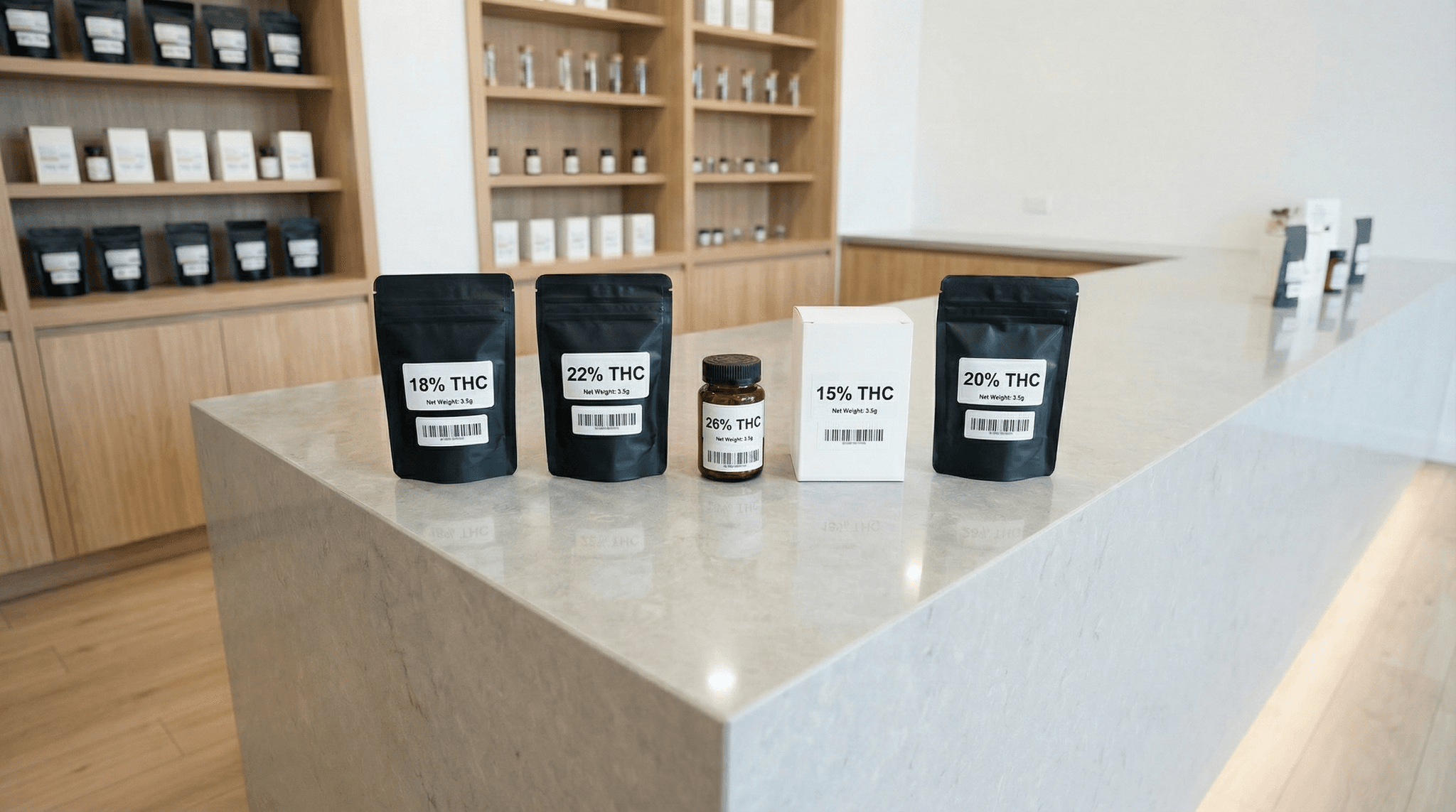 Verschiedene Cannabisprodukte mit unterschiedlichen THC-Gehalten (15%, 18%, 20%, 22%, 26%) auf einem Tresen in einem Apotheken-ähnlichen Umfeld
