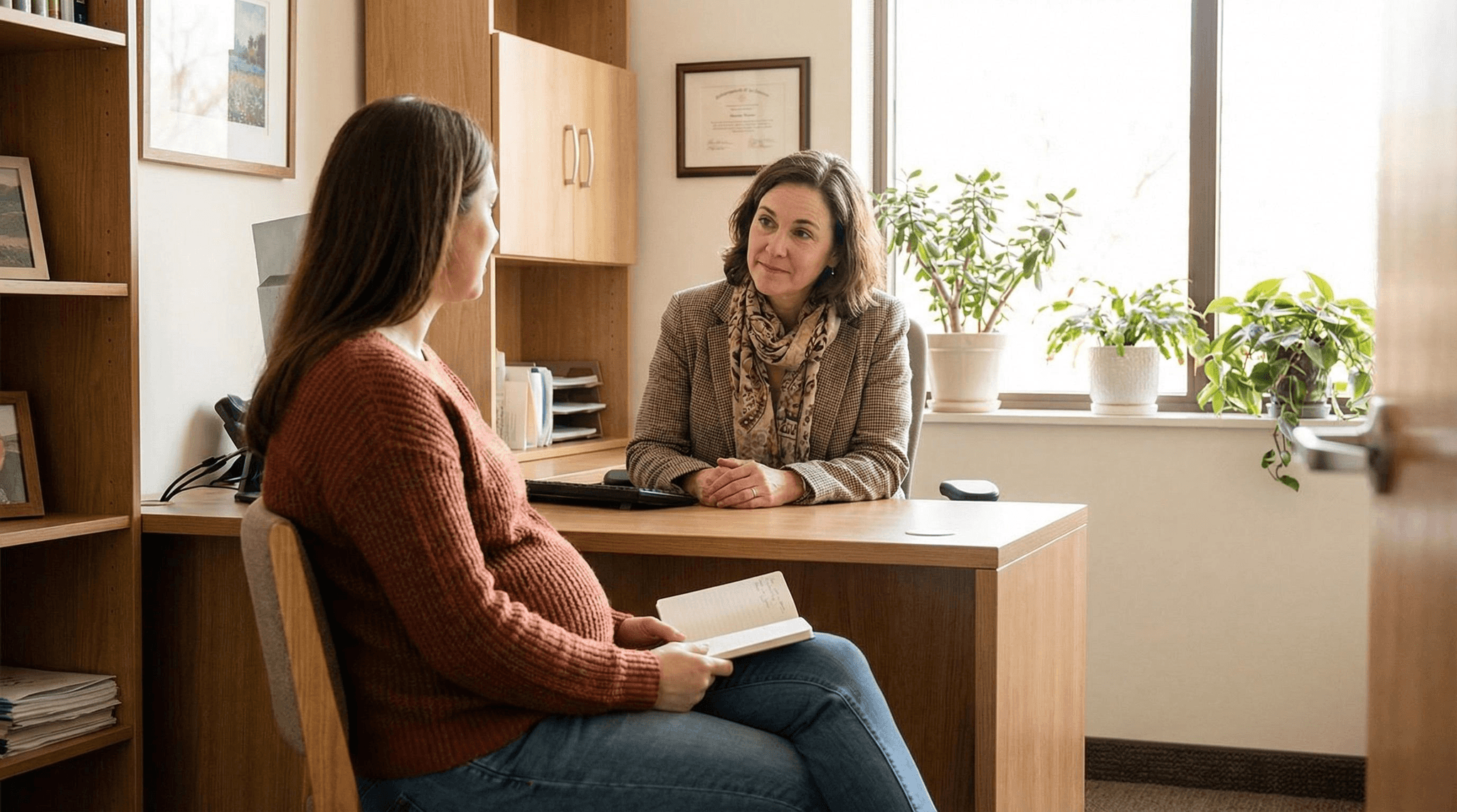 Schwangere Frau im Gespräch mit ihrer Gynäkologin – das offene Arztgespräch ist der empfohlene erste Schritt, bevor Nahrungsergänzungsmittel wie CBD in der Schwangerschaft eingenommen werden.