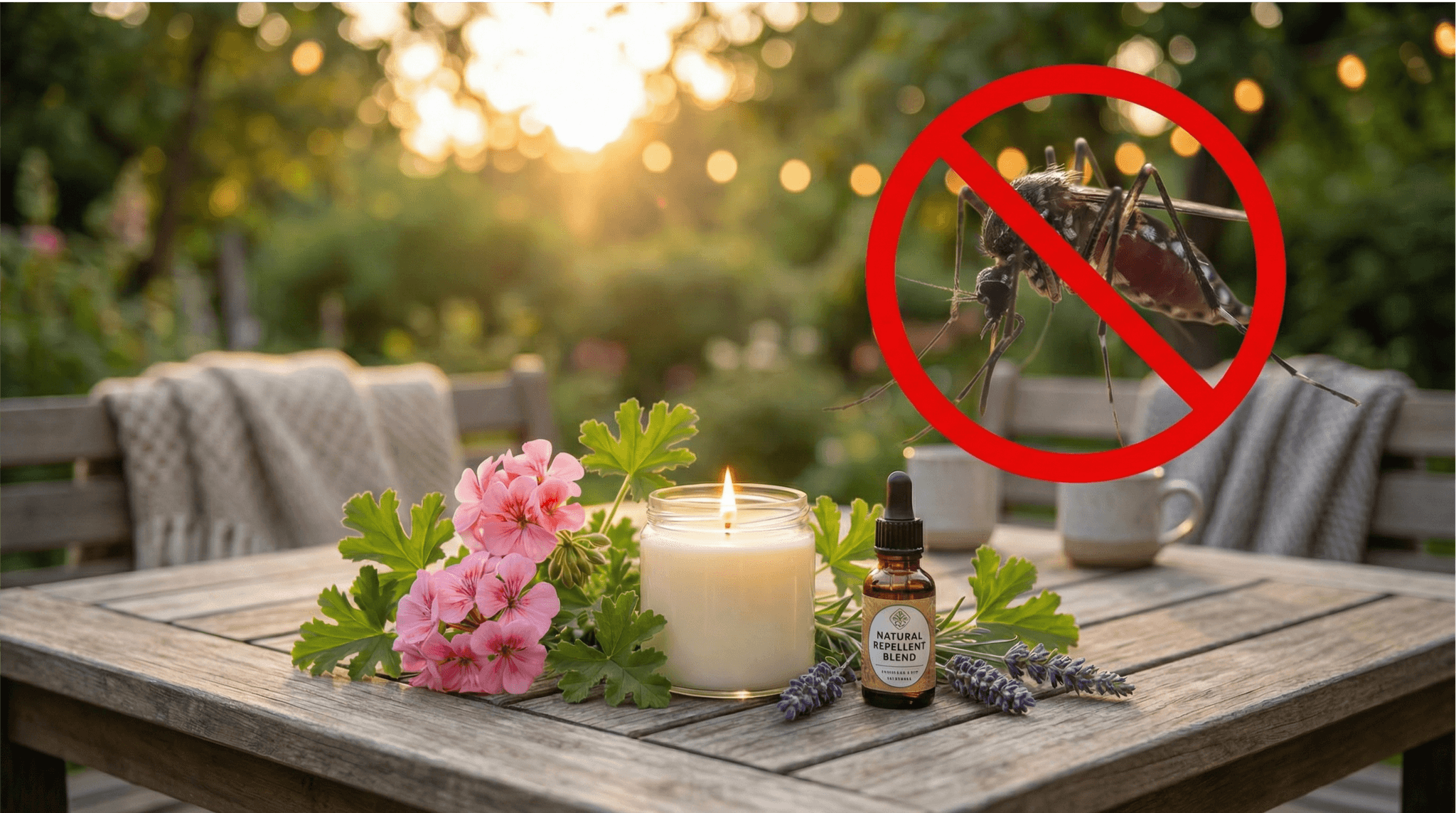 Natürlicher Mückenschutz mit Geraniol: Duftkerze und Repellent-Öl auf Gartentisch, umgeben von frischen Geranienblüten und Lavendel