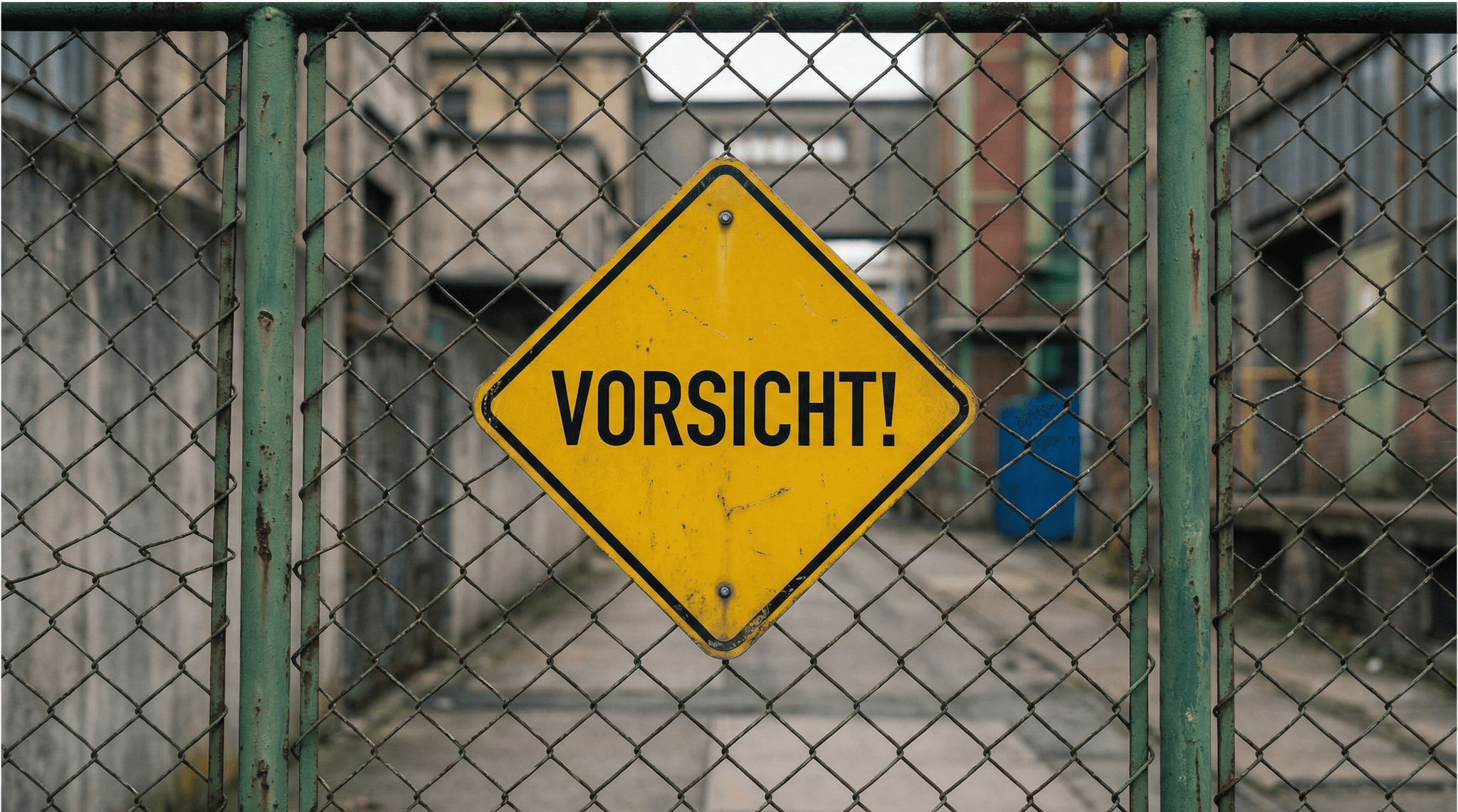 Gelbes Warnschild mit "VORSICHT!" an einem Maschendrahtzaun.