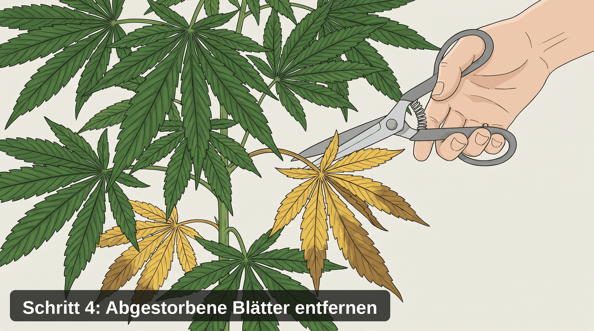 Illustration einer Hand mit Gartenschere, die ein gelb verfärbtes, abgestorbenes Cannabisblatt an der Basis des Blattstiels abschneidet, während gesunde dunkelgrüne Blätter im Hintergrund sichtbar bleiben