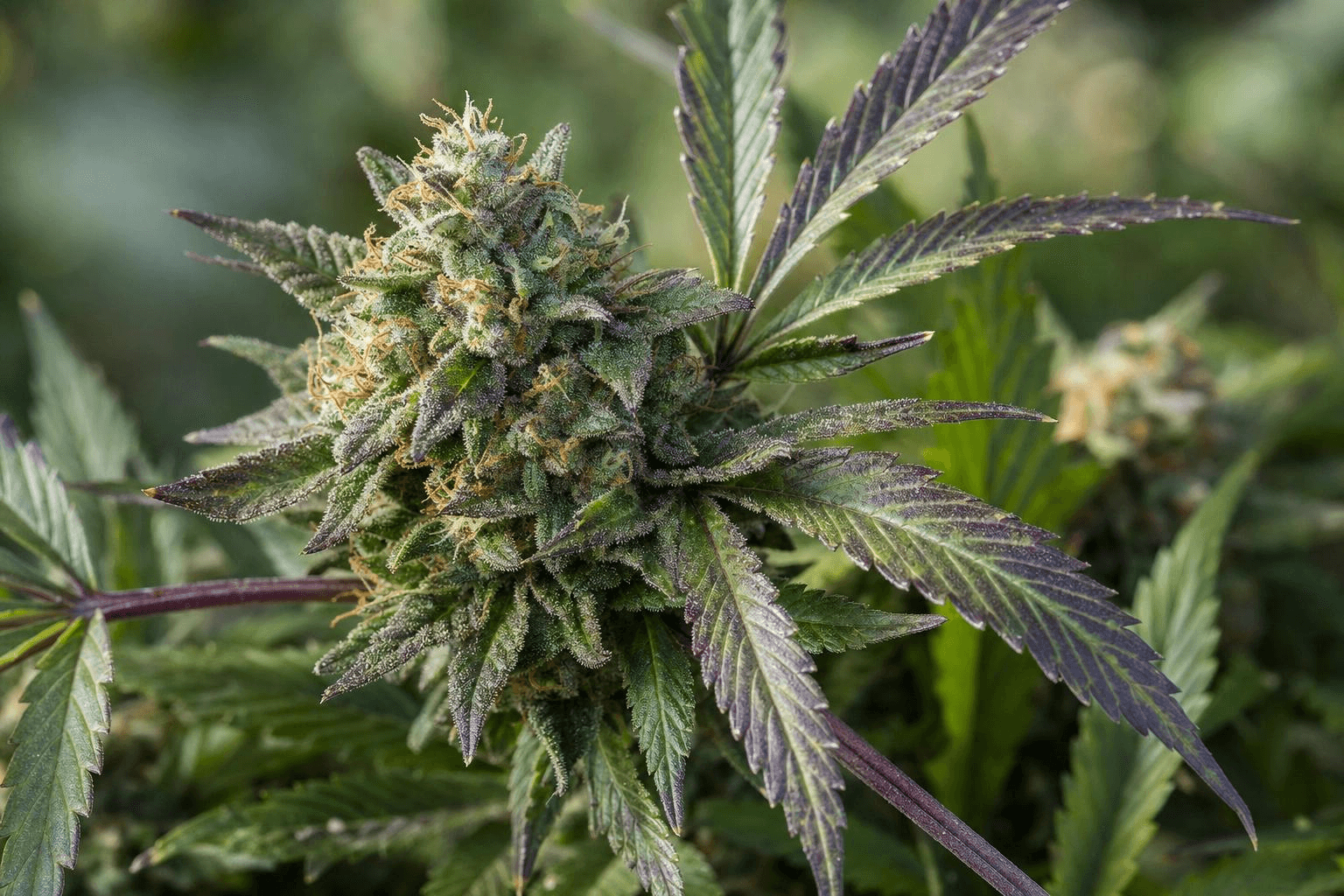 Cannabis-Blüte mit natürlicher Anthocyan-Pigmentierung an Blattstielen und Blatträndern.