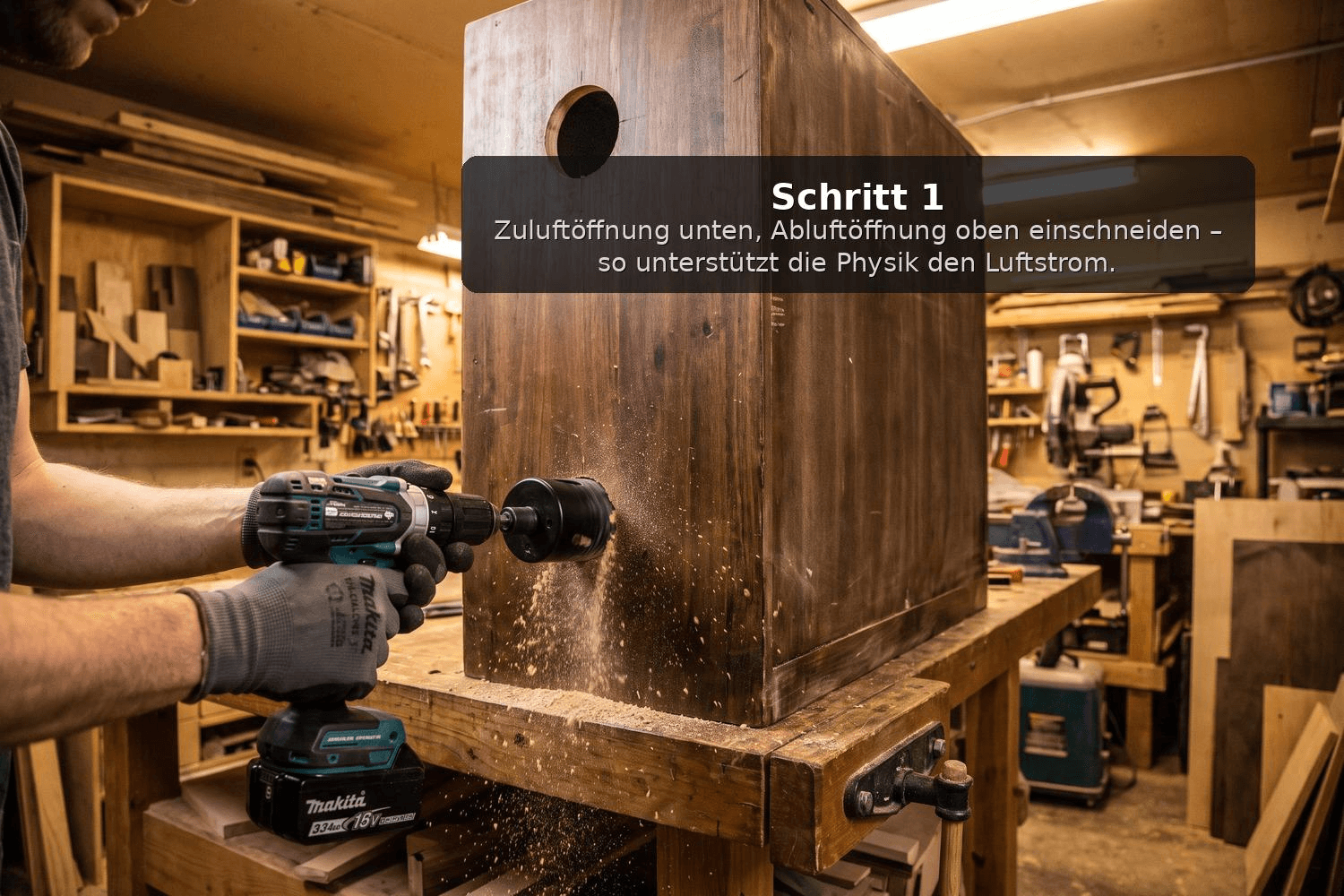 Person bohrt mit Lochsäge ein kleines rundes Lüftungsloch unten in die Seitenwand einer Holzbox; oben ist das fertige Abluftloch bereits sichtbar