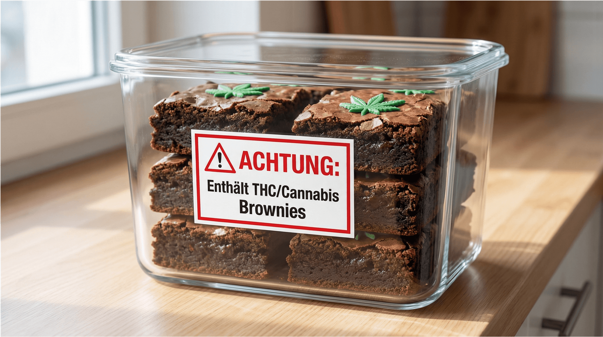 Brownies mit Cannabis in einer Tupperdose mit Hinweis auf THC