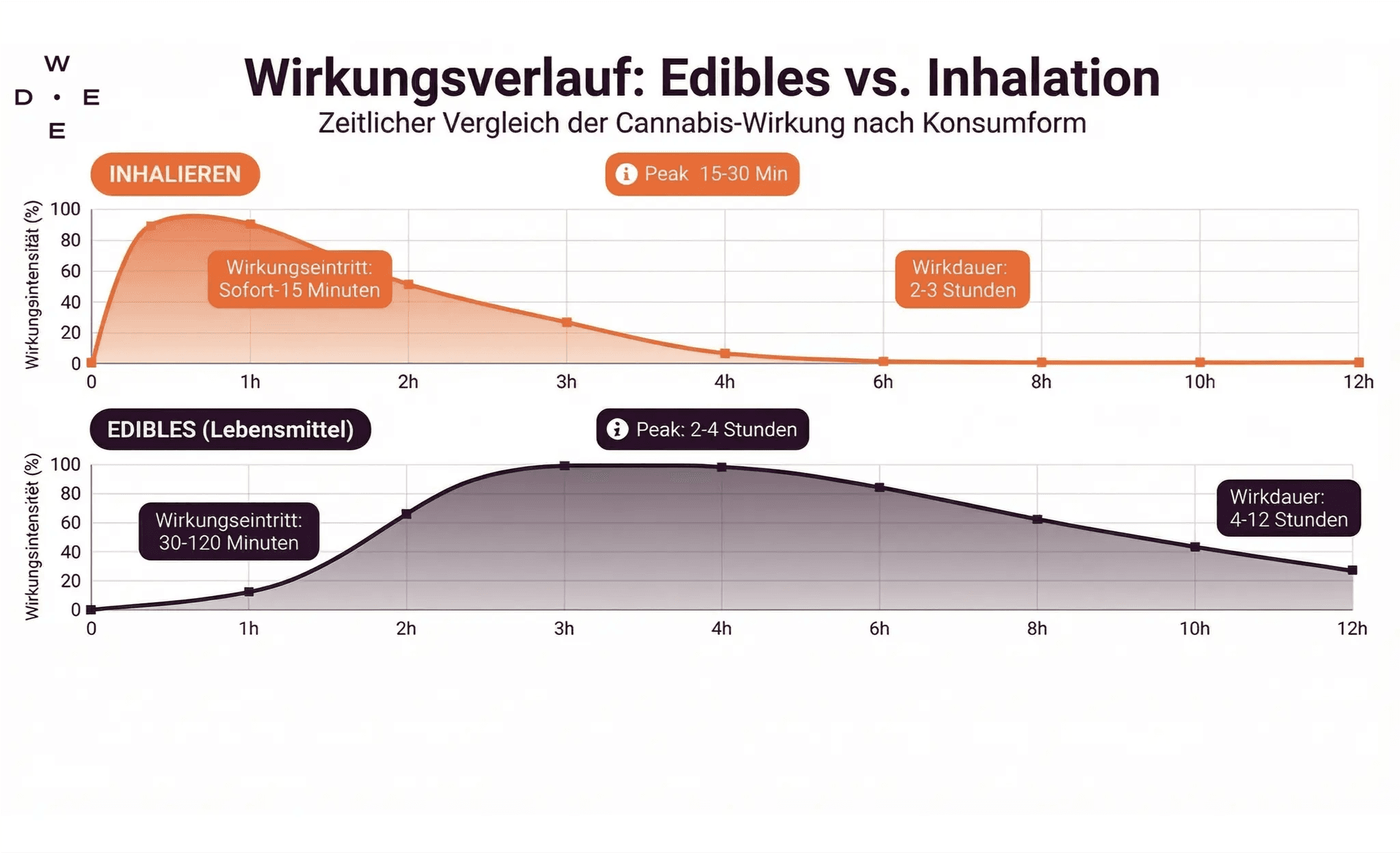 Infografik über die Wirkdauer von Inhalieren und Edibles im Vergleich