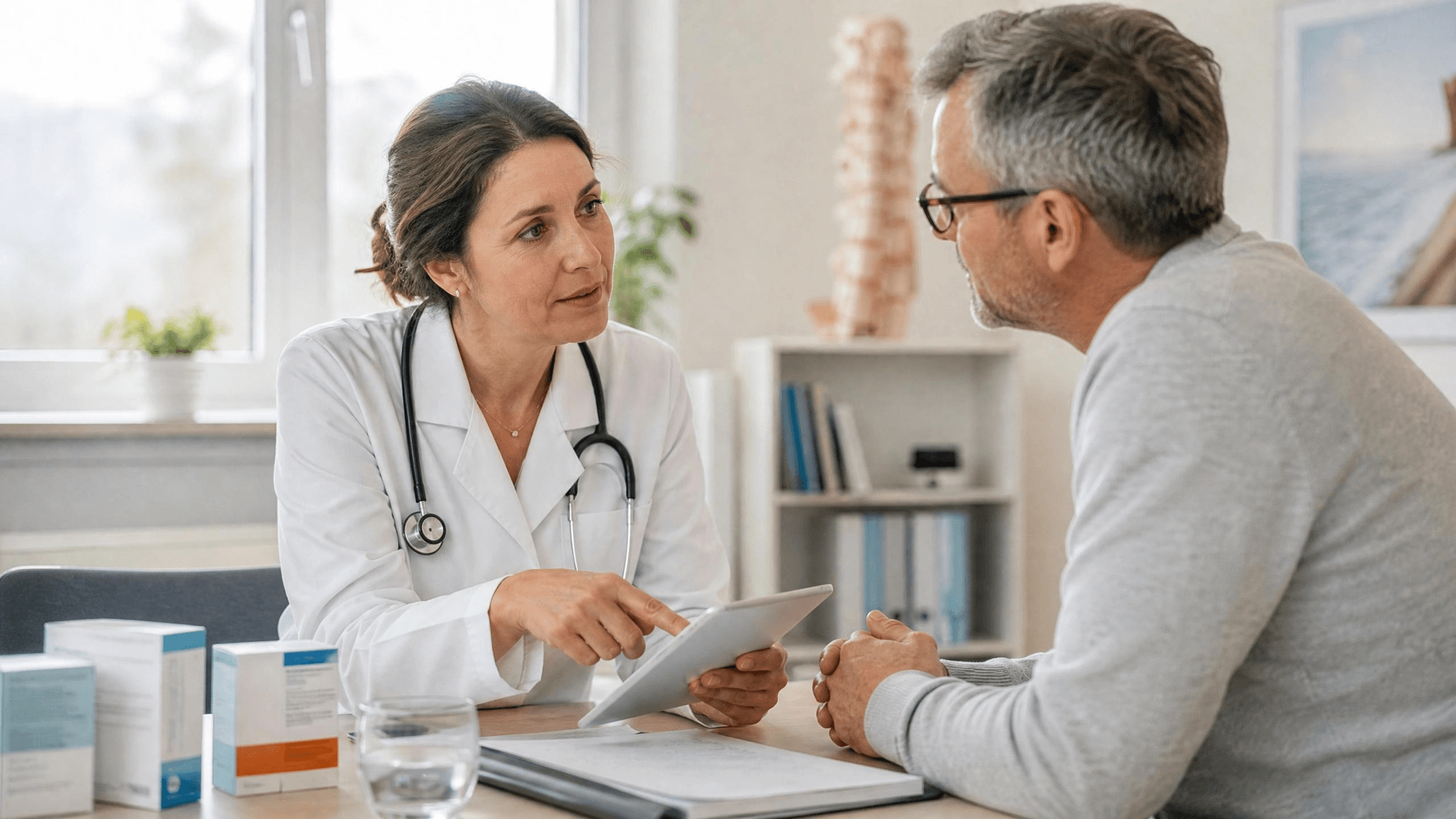 Ärztin berät Patienten über Medikamente: Wer Cannabis konsumiert und gleichzeitig Arzneimittel einnimmt, sollte dies immer offen mit dem behandelnden Arzt besprechen.