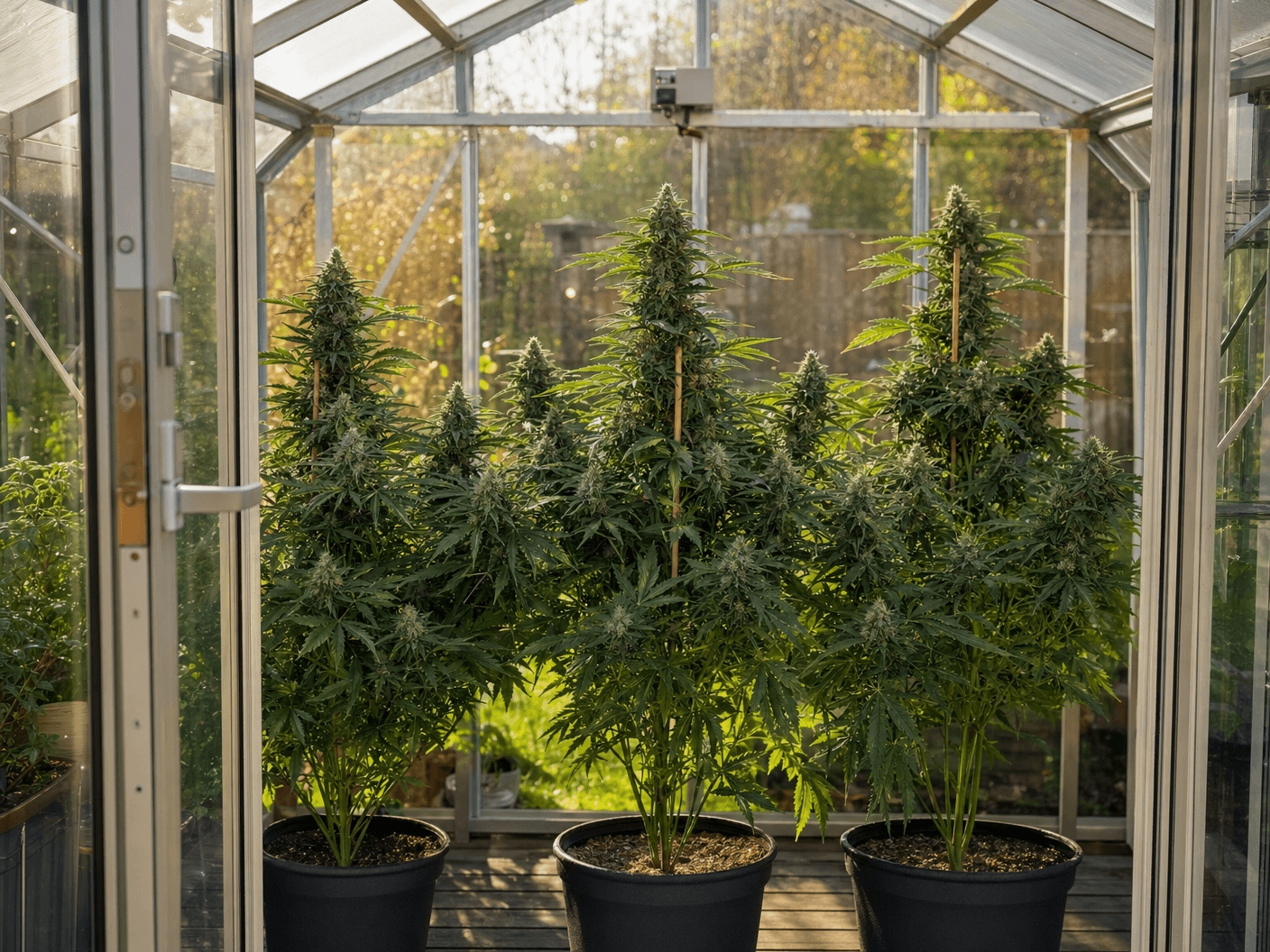 Drei Cannabis-Pflanzen im Gewächshaus — seit der Legalisierung im April 2024 dürfen Erwachsene in Deutschland bis zu drei Pflanzen für den Eigenbedarf anbauen.