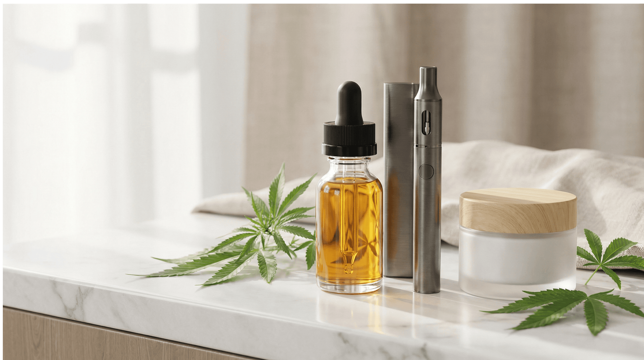 Produktfoto verschiedener CBD-Darreichungsformen auf weißer Marmorplatte vor neutralem beigen Hintergrund: Im Vordergrund eine transparente Glasflasche mit goldenem CBD-Öl und schwarzer Pipette, daneben ein grauer Vaporizer-Stift, eine zylindrische graue Verpackung und eine weiße Cremedose mit hellem Holzdeckel. Dekoriert mit grünen Cannabisblättern.