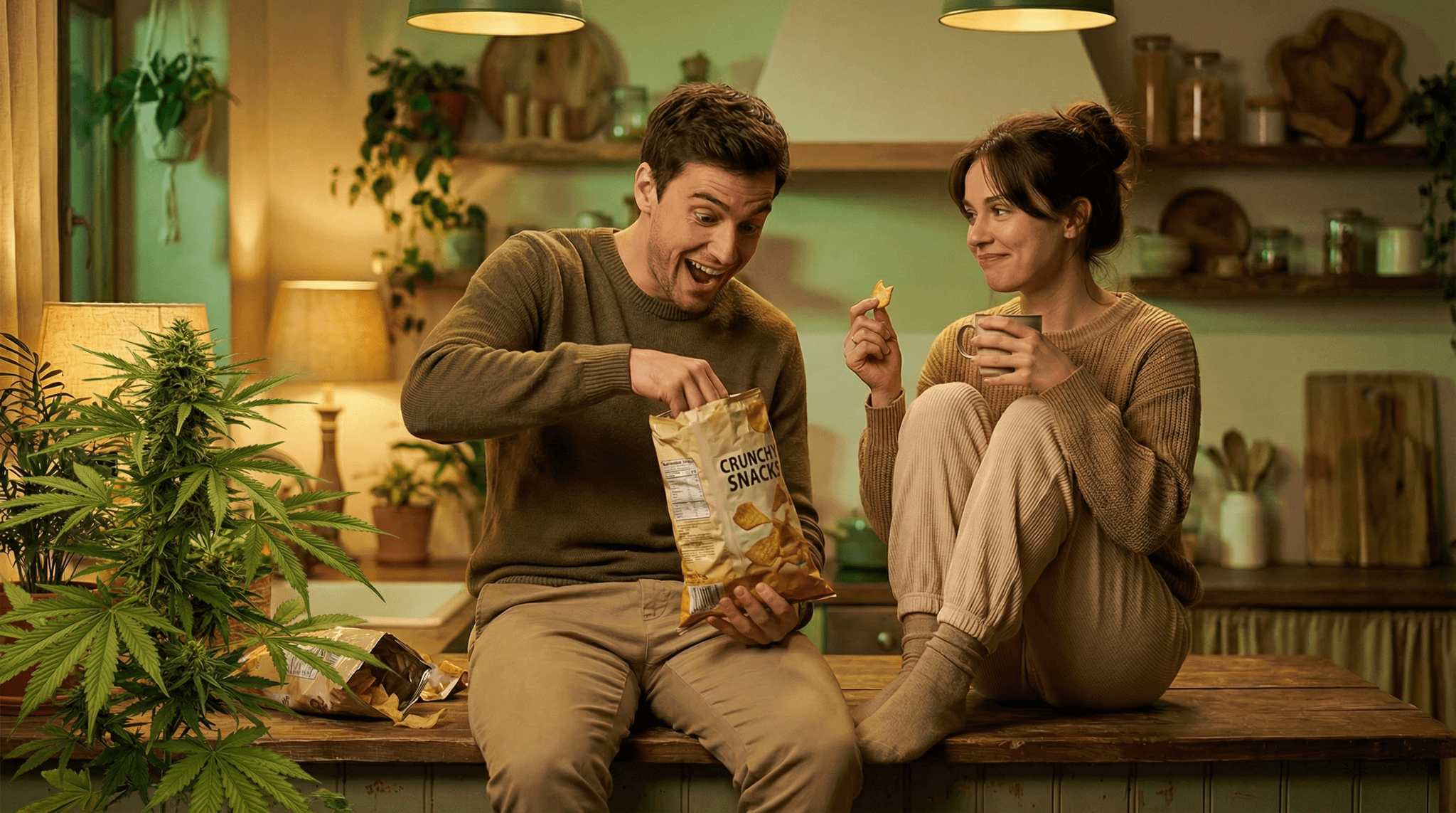 Mann greift enthusiastisch in eine Chipstüte, Frau knabbert entspannt einen Cracker – der Fressflash trifft Männer deutlich stärker als Frauen.