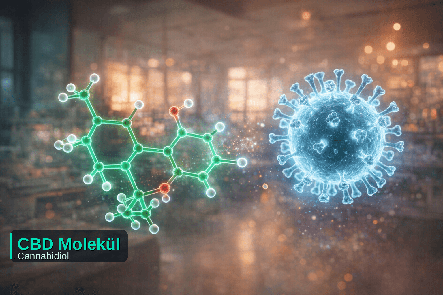 3D-Illustration eines grün leuchtenden CBD-Moleküls (Cannabidiol) links im Bild, das einem blau leuchtenden SARS-CoV-2-Coronavirus rechts gegenübersteht – vor einem unscharfen Laborhintergrund mit warmem Licht.