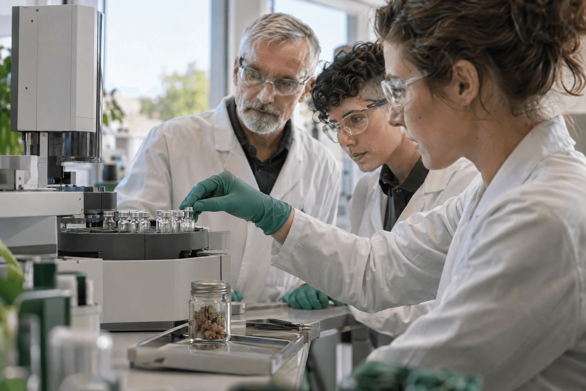 Drei erwachsene Forschende untersuchen kleine Probengefäße und eine Cannabisprobe an einem Analysegerät im Labor.