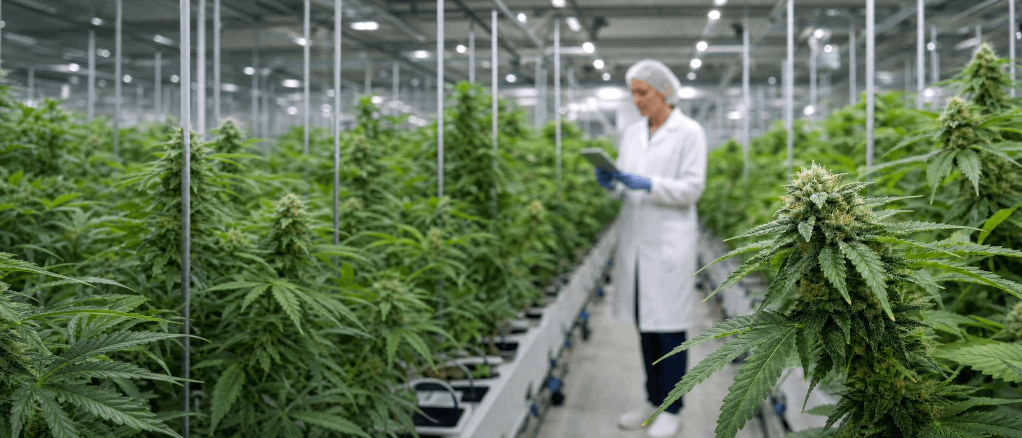 Fachkraft in Schutzkleidung kontrolliert Medizinalcannabis in einer modernen Indoor-Anbauanlage.