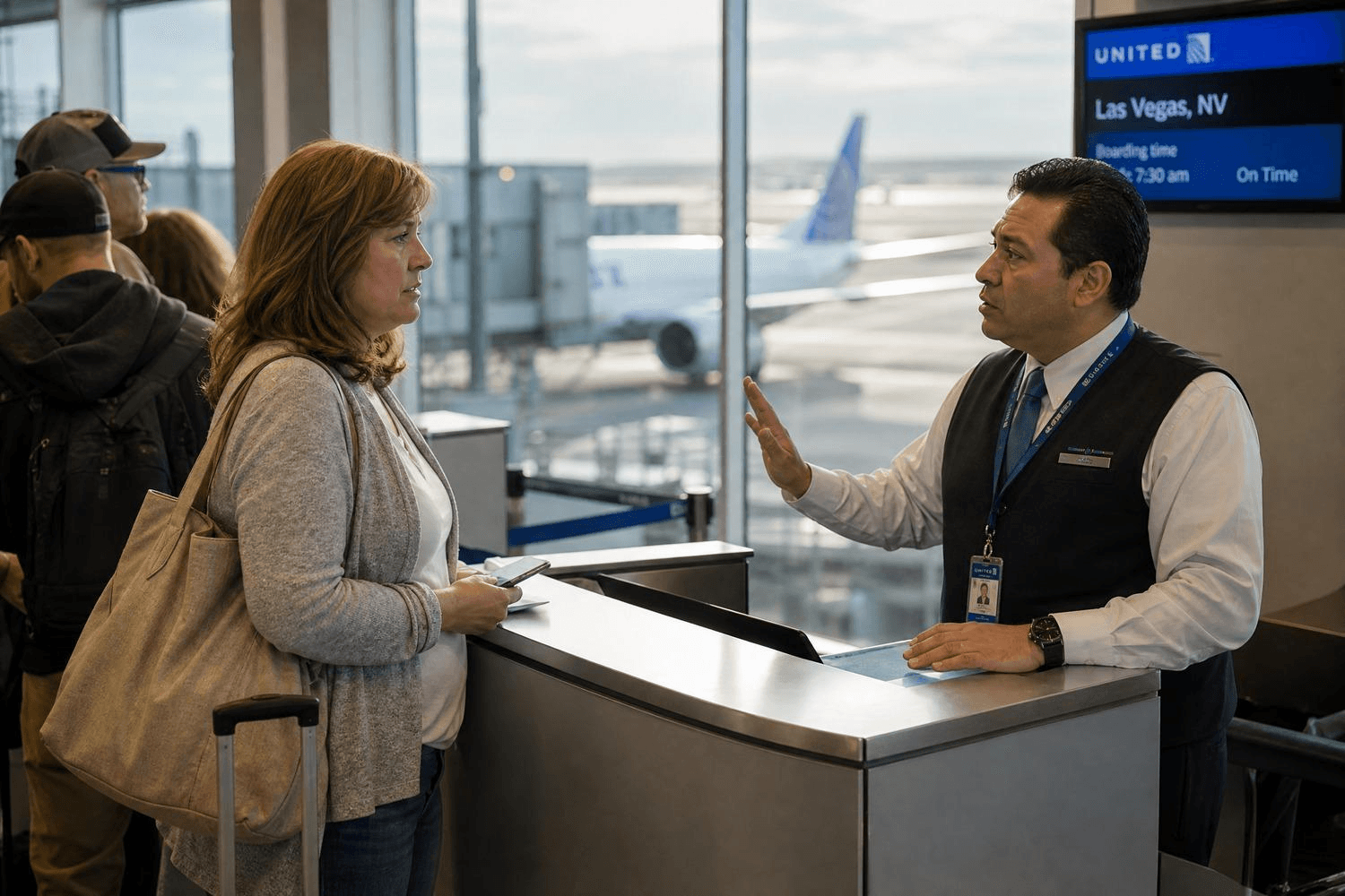 Eine Frau mittleren Alters steht am Gate-Counter eines Flughafens und spricht mit einem Airline-Mitarbeiter, der eine abweisende Handgeste macht. Durch die Glasfront im Hintergrund ist ein geparktes Flugzeug auf dem Vorfeld zu sehen.