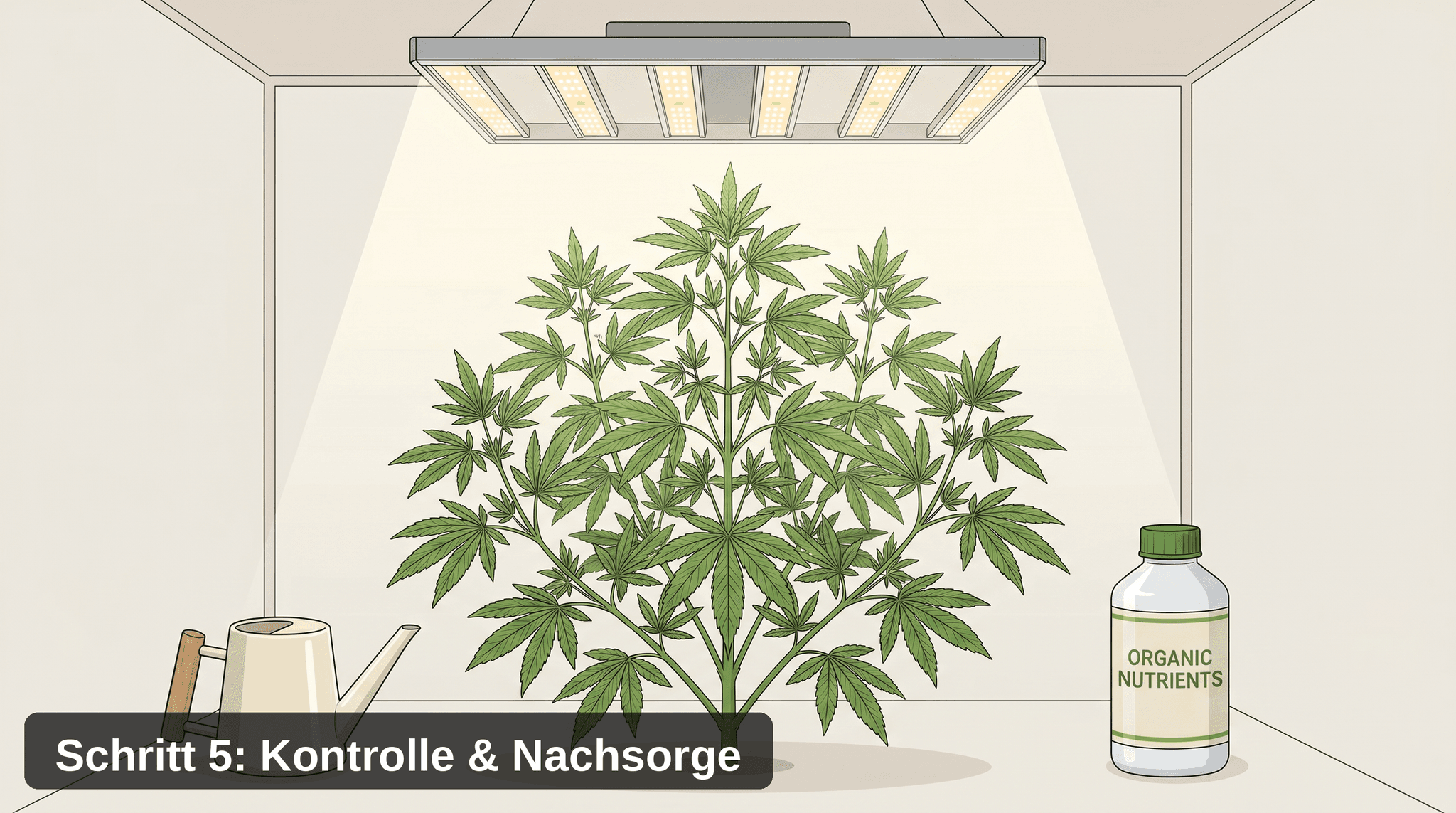 Illustration zur Nachsorge nach dem Beschneiden einer Cannabispflanze: Eine buschige, gesunde Cannabispflanze unter einer LED-Growlampe in einem Indoor-Growraum, flankiert von einer Gießkanne links und einer Flasche organischer Nährstoffe rechts.
