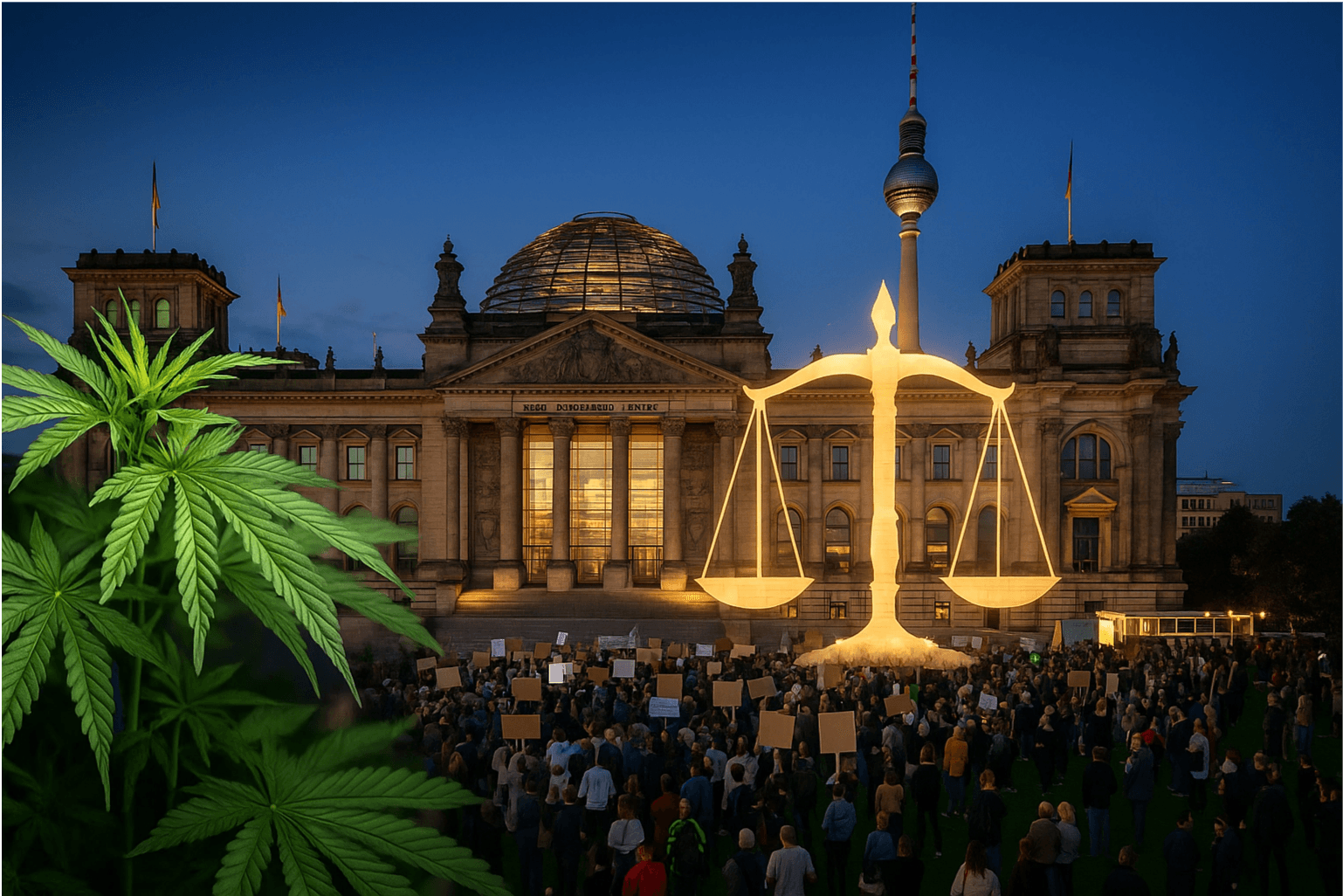 Cannabis-Pflanze vor dem Berliner Reichstag mit beleuchteter Justitia-Waage und demonstrierender Menge – Symbol für die Cannabis-Legalisierungsdebatte in Deutschland