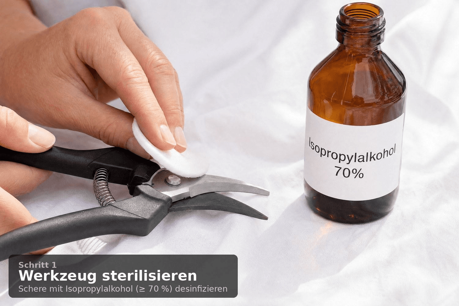 Hand reinigt die Klinge einer Bypass-Gartenschere mit einem in Isopropylalkohol 70 % getränkten Wattebausch vor dem Topping