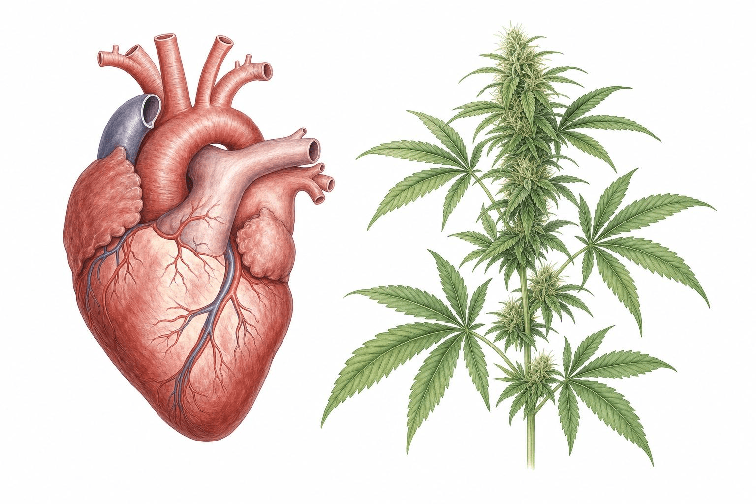 Ein illustriertes menschliches Herz und eine weibliche Cannabispflanze in der Blüte