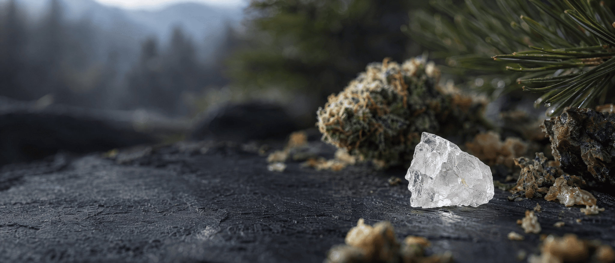 Transparenter Kristall auf dunklem Schiefer; im Hintergrund unscharfe Cannabisblüte, Kiefernnadeln und Harz in morgendlichem Licht.