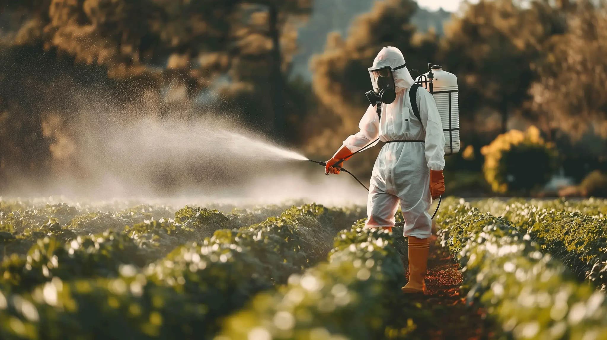 Person in Schutzanzug mit Atemschutz sprüht Pflanzenschutzmittel über Feld