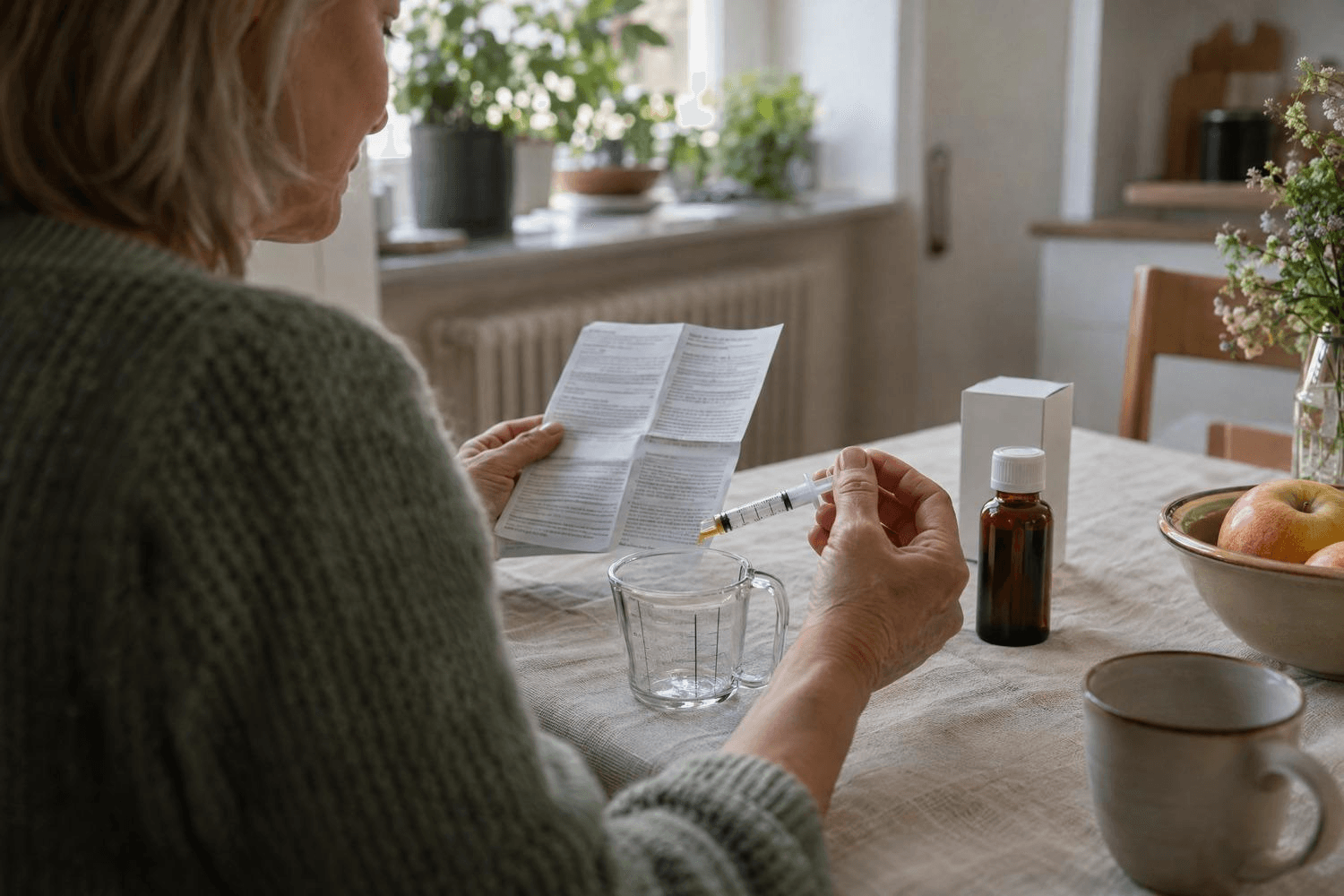 Erwachsene Frau prüft zu Hause eine Dosierspritze, einen Messbecher und eine neutrale Arzneimittelflasche auf einem Küchentisch.