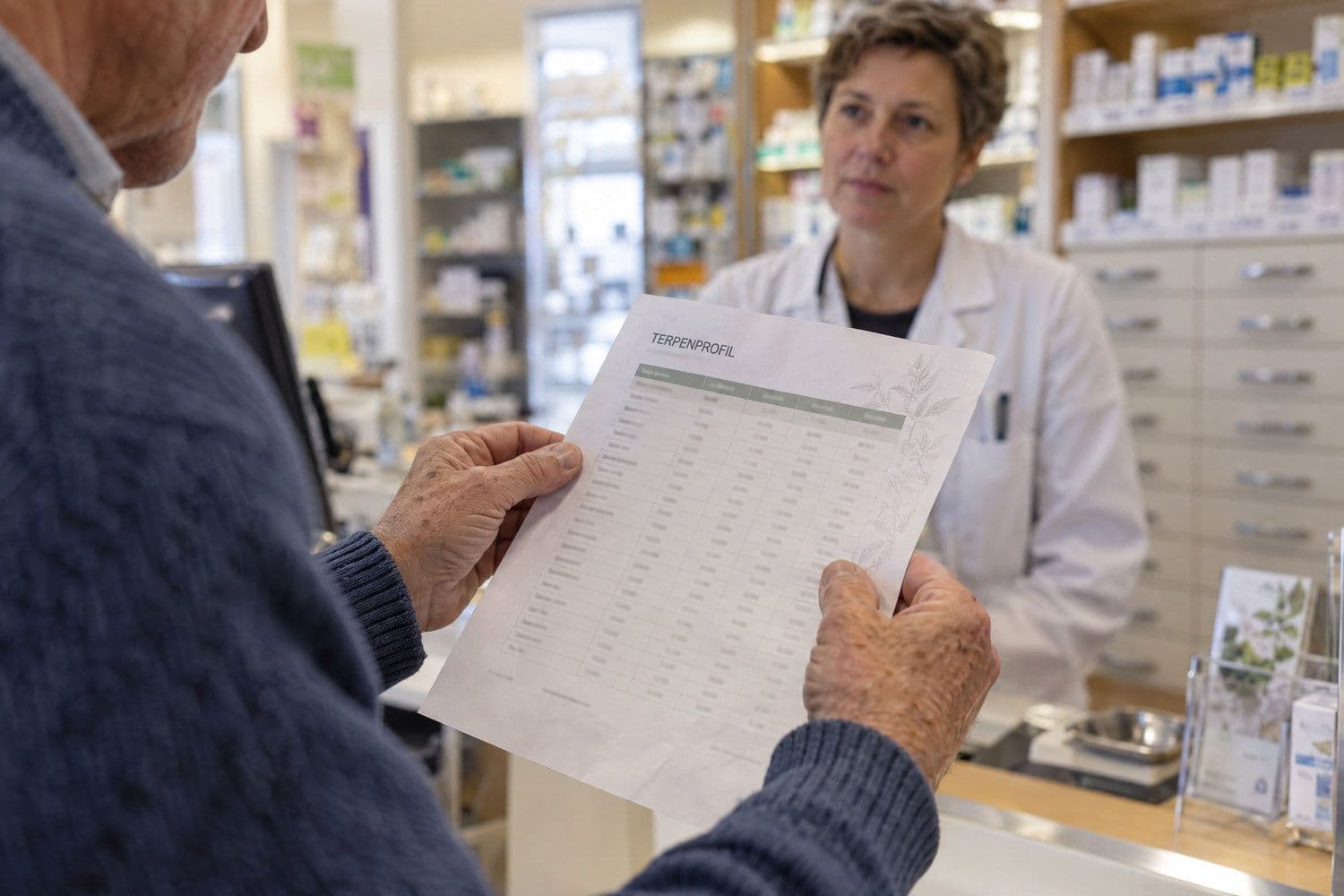 Ältere Hände halten einen Laborbericht mit Terpentabelle vor einem unscharfen Apothekenregal; im Hintergrund steht eine Fachperson.