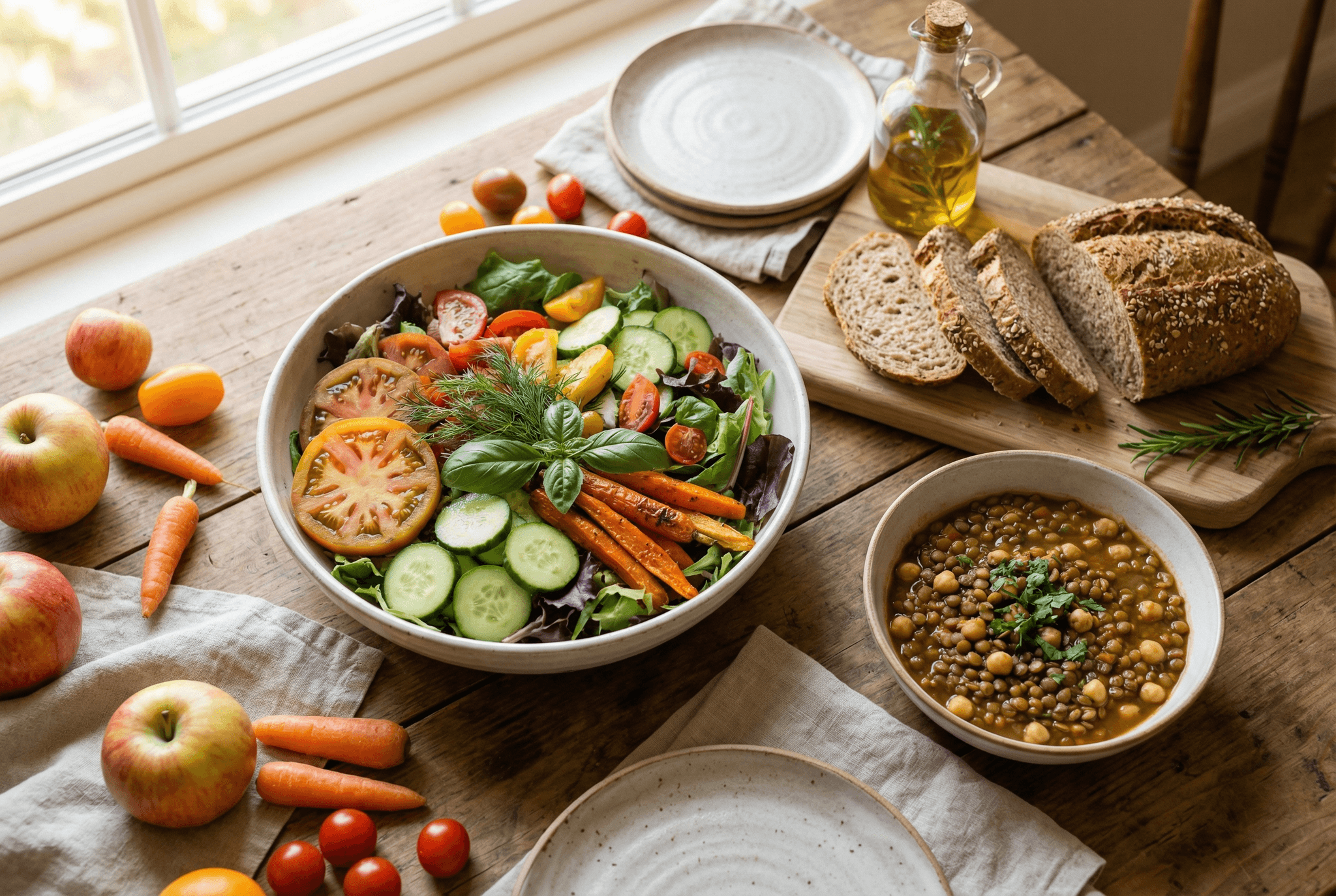 Frische Ital-Mahlzeit im Rastafari-Stil: bunter Gemüsesalat, Linsen-Kichererbsen-Eintopf, Vollkornbrot und Olivenöl auf einem Holztisch – pflanzlich, unverarbeitet und naturverbunden.