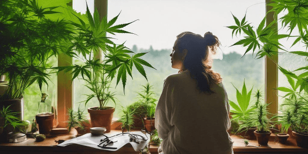 Person sitzt am Fenster, umgeben von mehreren Cannabispflanzen in Töpfen