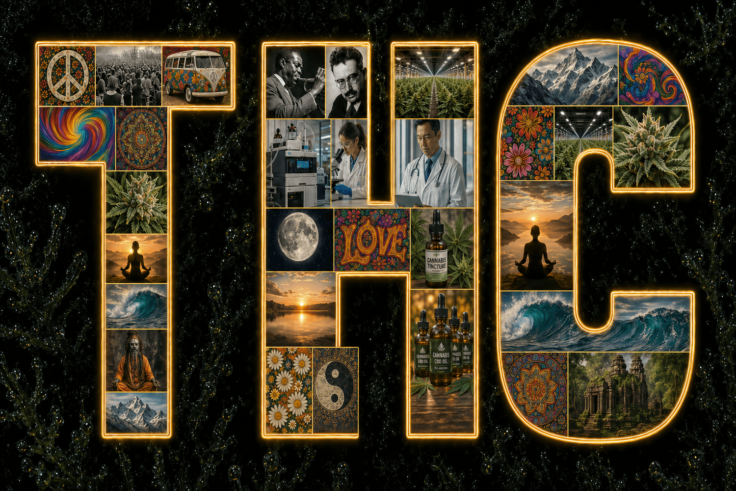 Die Abkürzung THC gefüllt mit Bildern von Assoziationen aus der Cannabiswelt