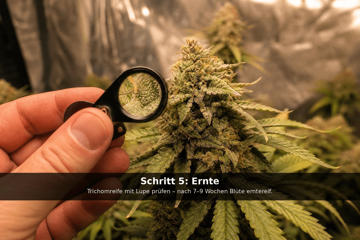 Hand hält eine Lupe vor einen reifen, harzigen Cannabisblütenstand zur Kontrolle der Trichomreife im Growzelt.