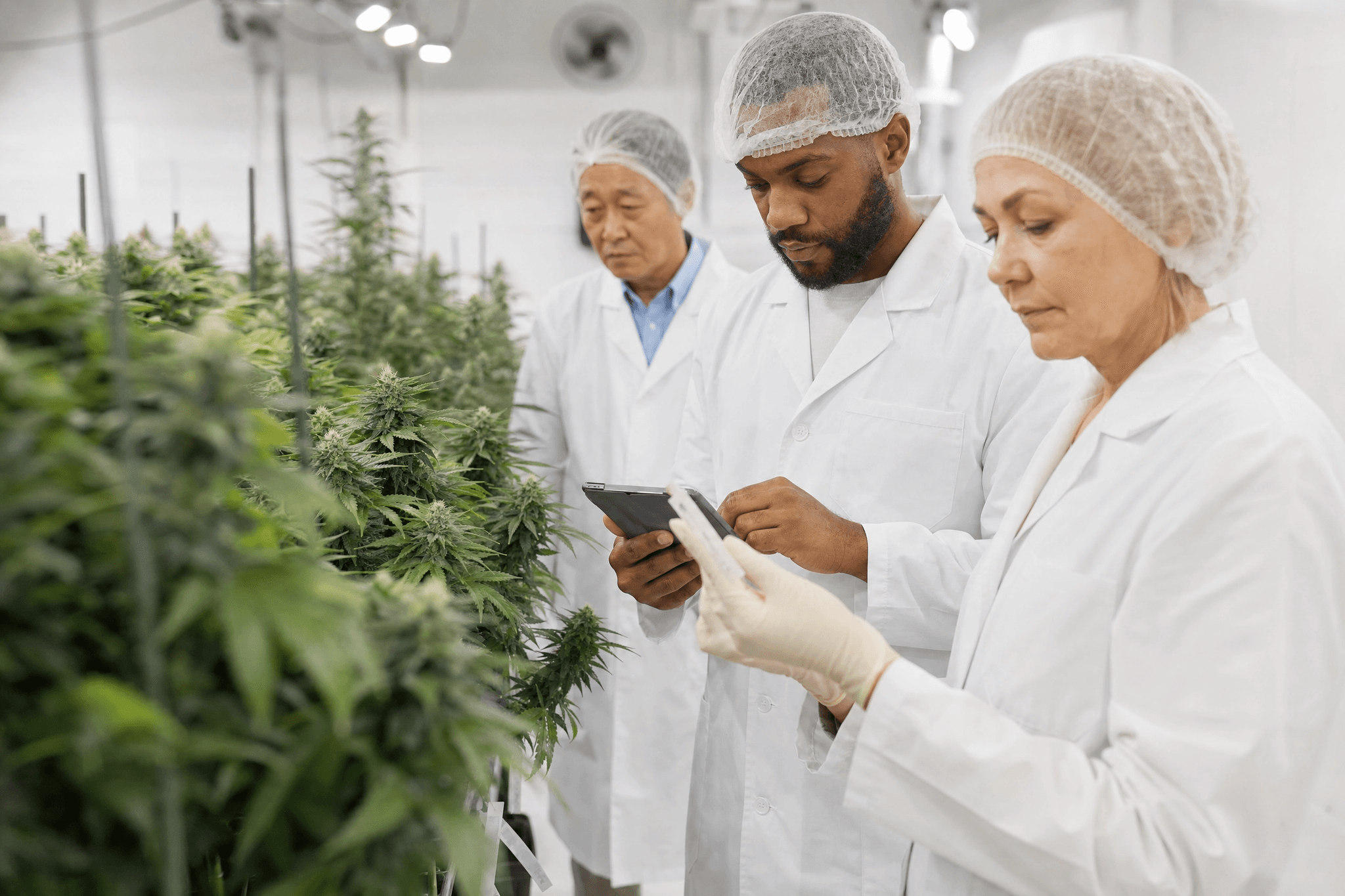 Drei Fachkräfte unterschiedlichen Alters prüfen Cannabispflanzen und dokumentieren Qualitätsdaten in einer kontrollierten Anbauumgebung.