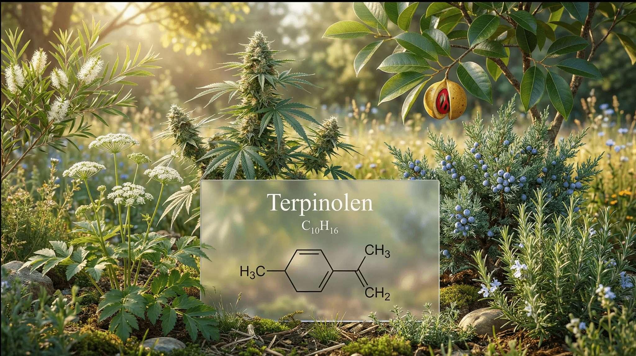 Illustrative Gartenszene mit verschiedenen terpinolenhaltigen Pflanzen – darunter eine blühende Cannabispflanze, Wacholder mit Beeren, Muskatnuss und Doldenblütler – sowie einer eingeblendeten Strukturformel von Terpinolen (C₁₀H₁₆) im Vordergrund.
