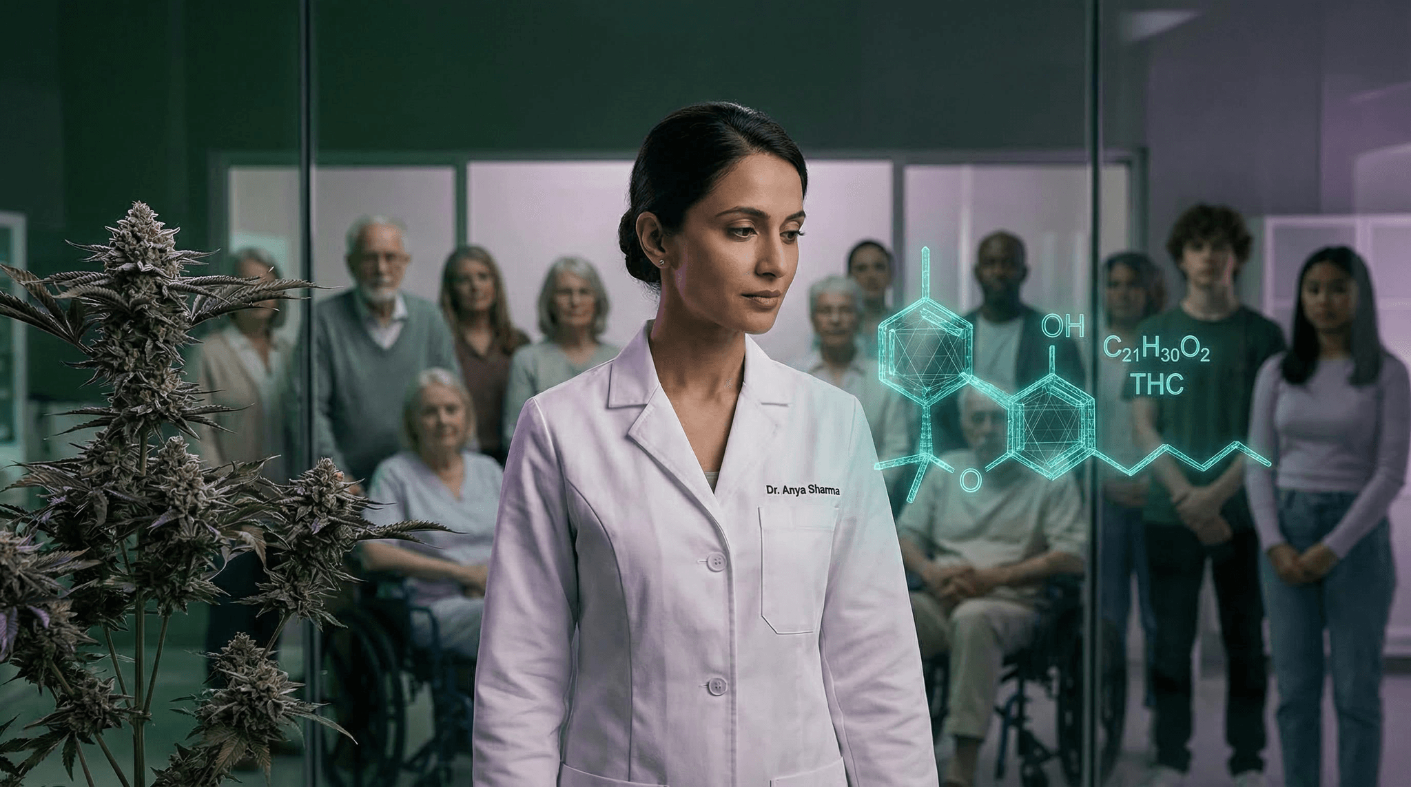 Sinnbild einer Forscherin mit Probanden, Cannabispflanze und THC Molekül